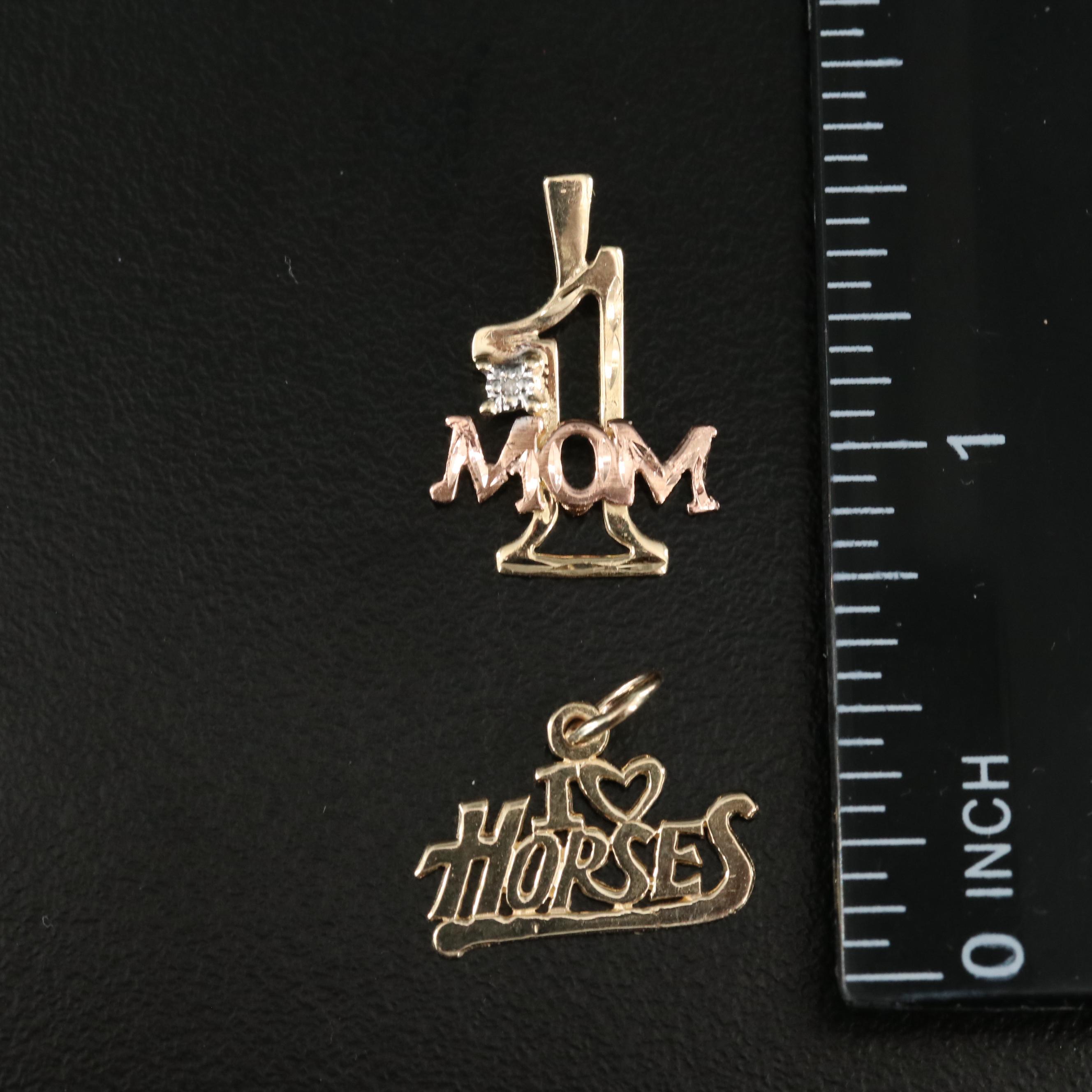 14K 0.01 CTW Diamond "# MOM" Pendant and 14K "I Love Horses" Pendant