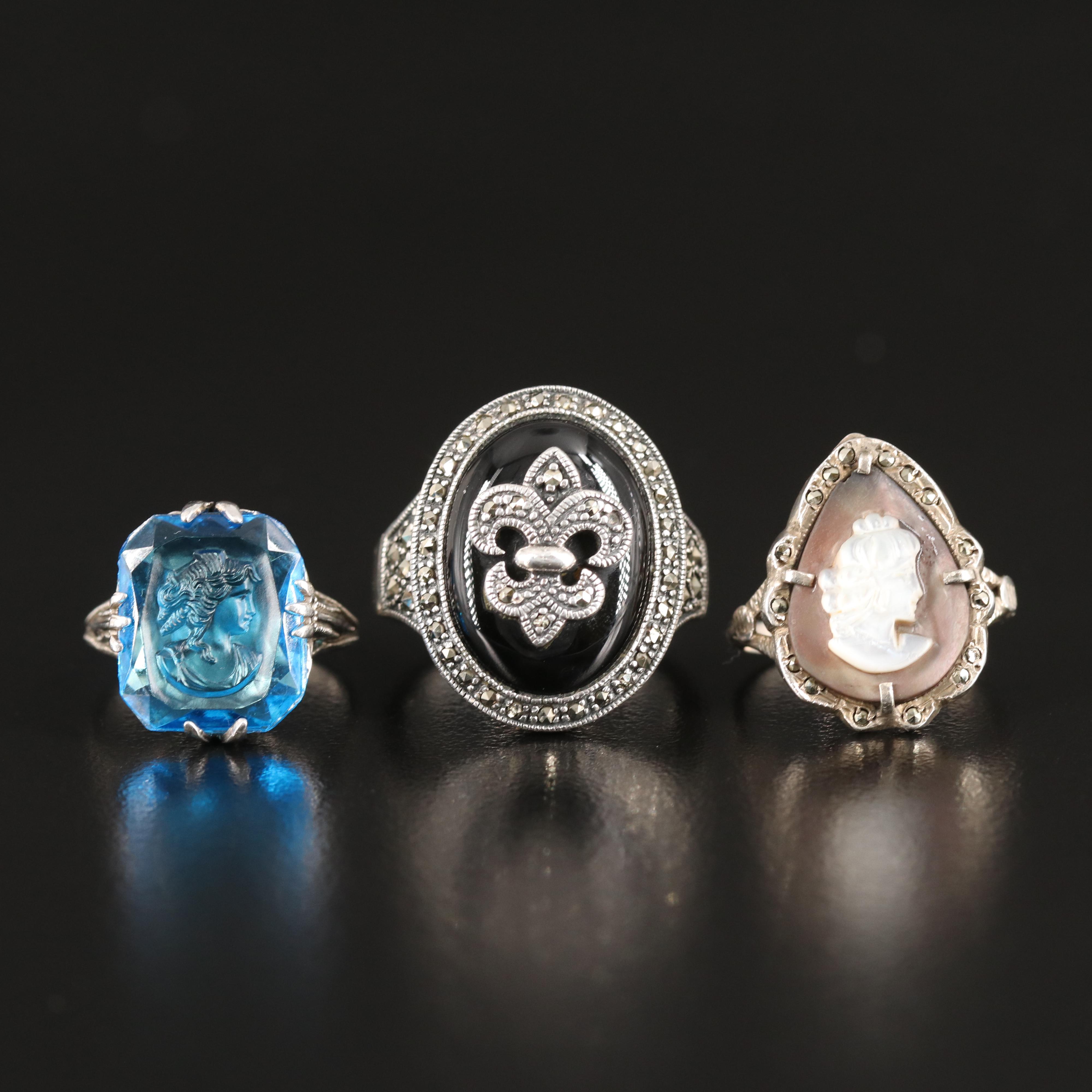 Vintage Black Onyx and Mother-of-Pearl Rings in Sterling and 800 Silver