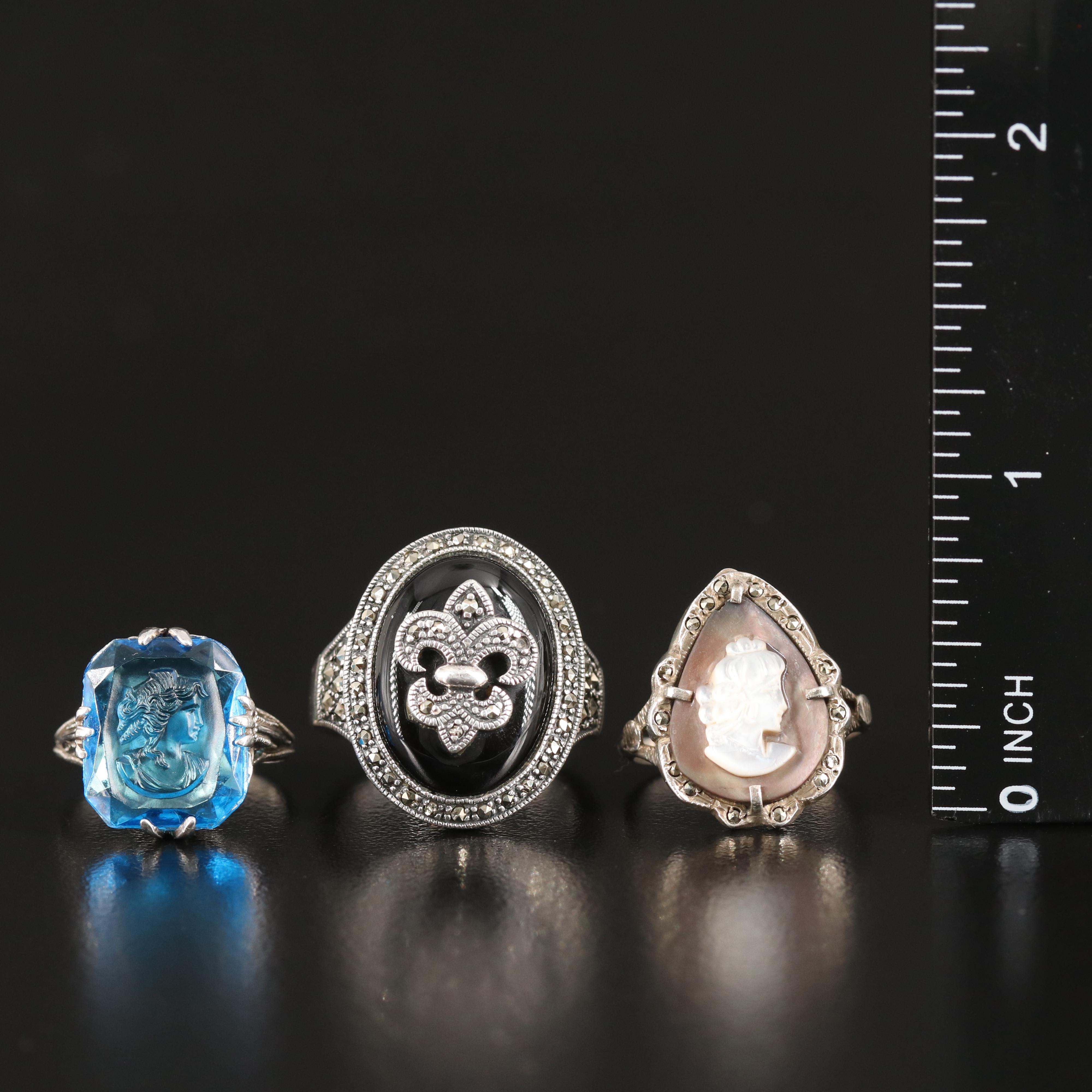 Vintage Black Onyx and Mother-of-Pearl Rings in Sterling and 800 Silver