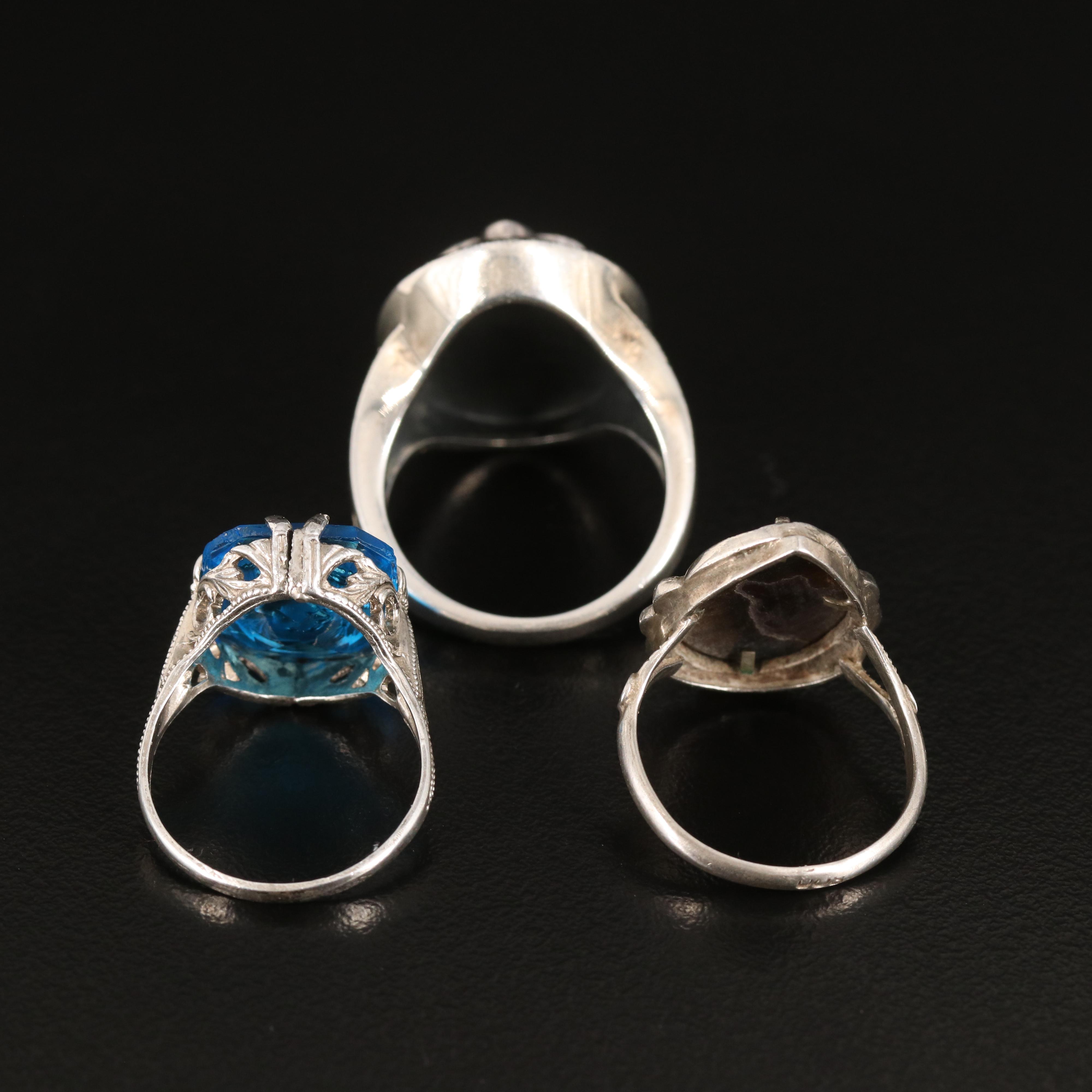 Vintage Black Onyx and Mother-of-Pearl Rings in Sterling and 800 Silver