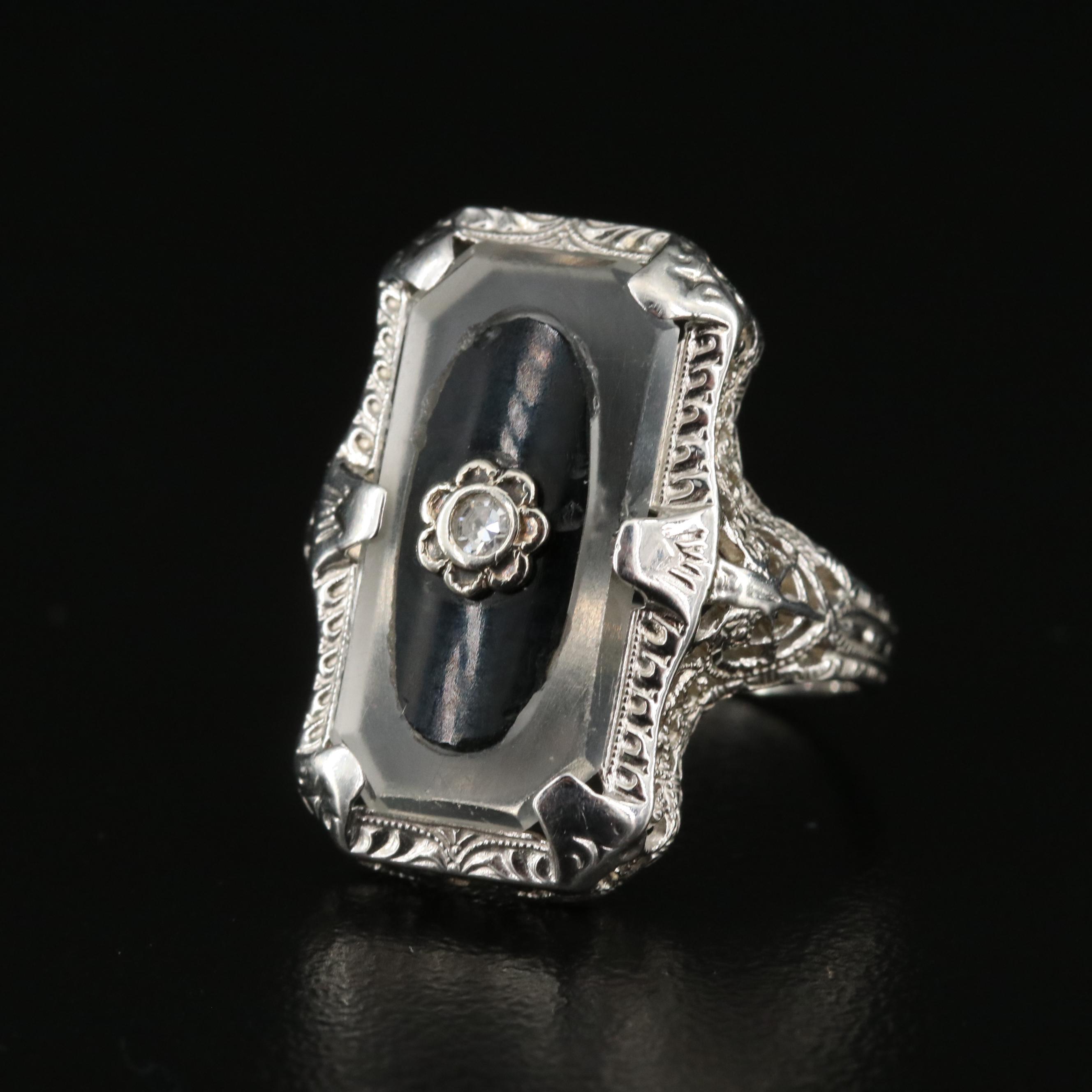 14K Black Onyx, Rose Quartz and Diamond Ring