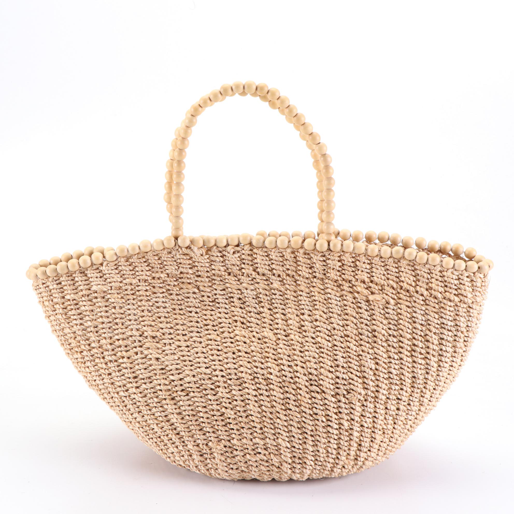 Tote and Shoulder Bag in Woven Raffia with Wood and Suede Trim