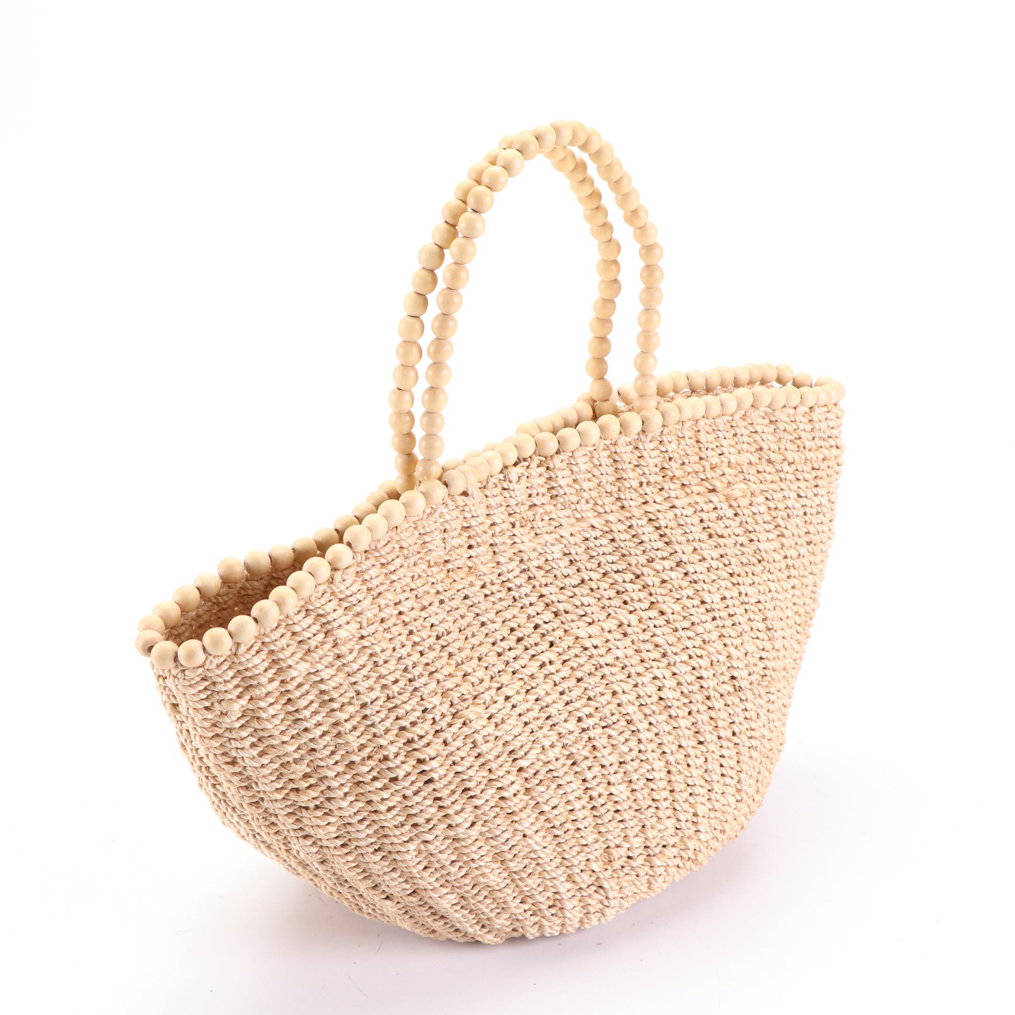 Tote and Shoulder Bag in Woven Raffia with Wood and Suede Trim