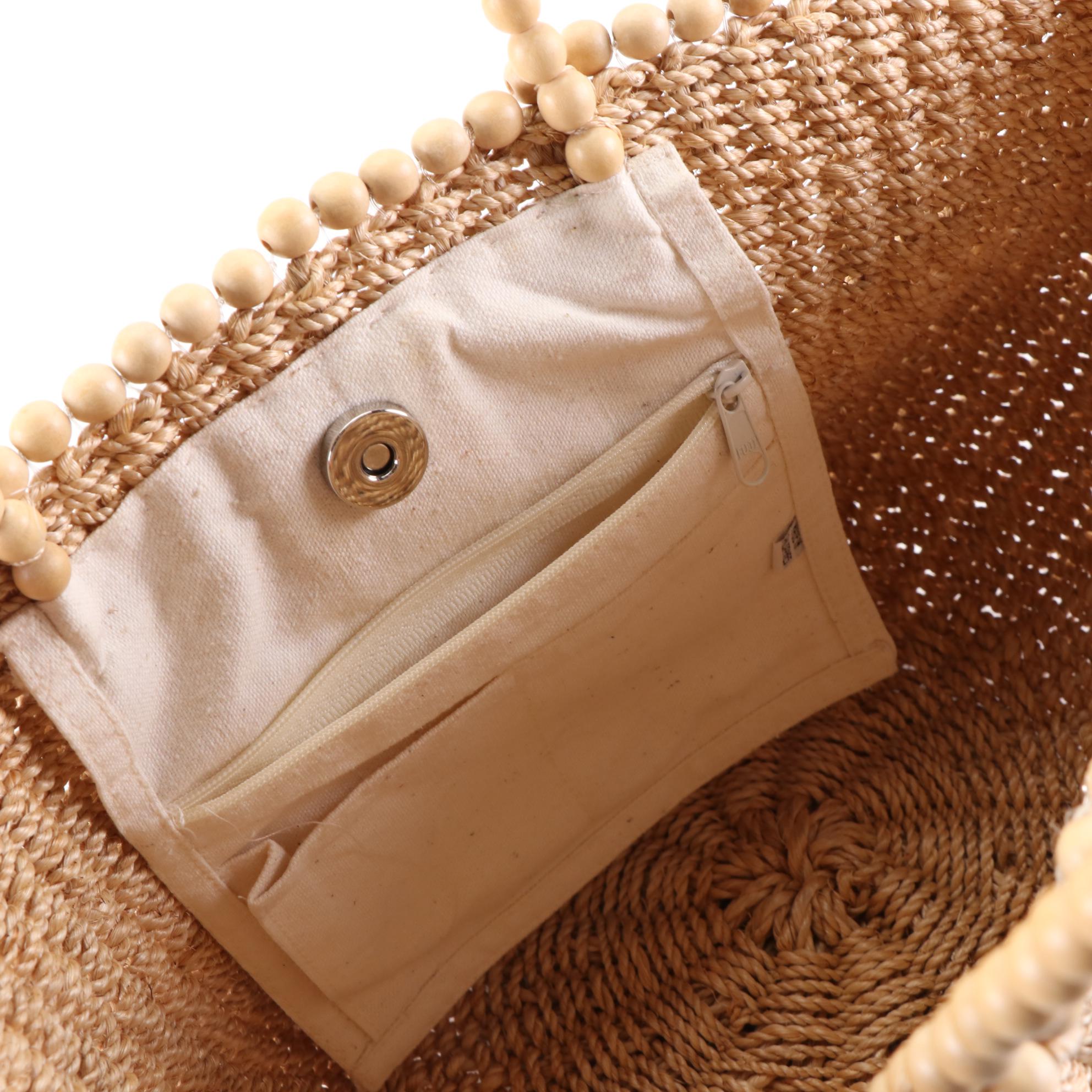 Tote and Shoulder Bag in Woven Raffia with Wood and Suede Trim