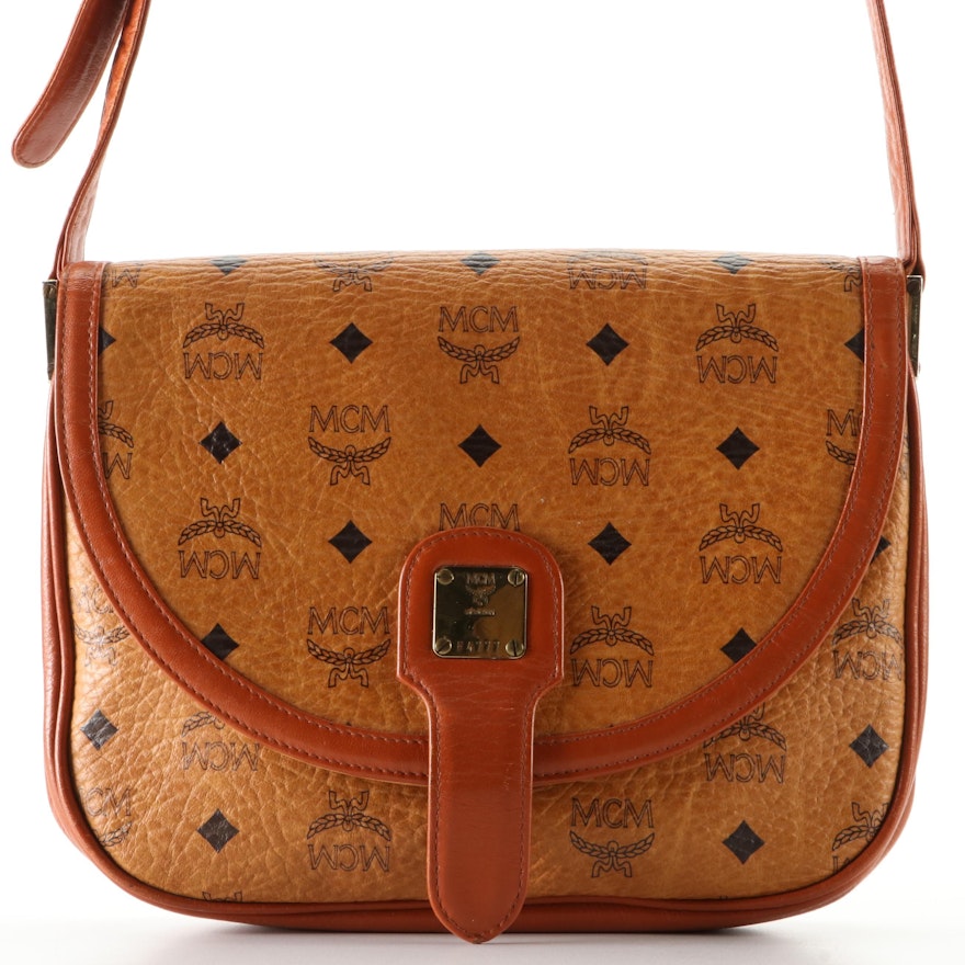 MCM Accordion-Style Crossbody Bag in Cognac Monogram Visetos and Leather