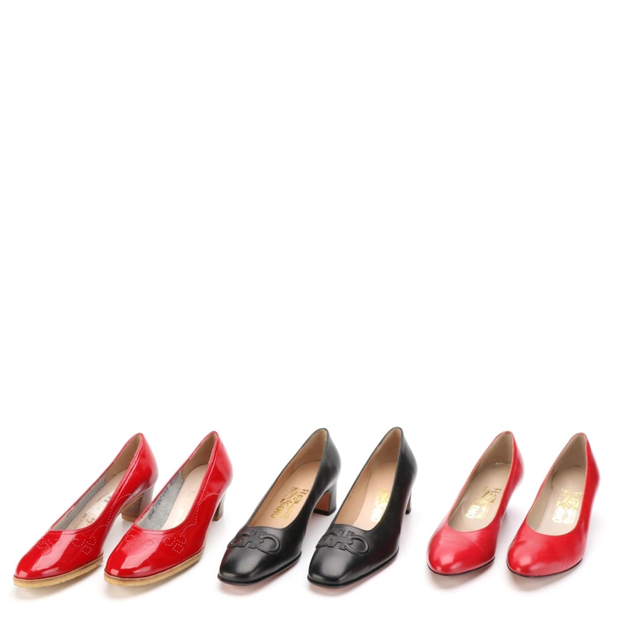 Salvatore Ferragamo Low-Heel Pumps in Leather/Patent Leather with One Box