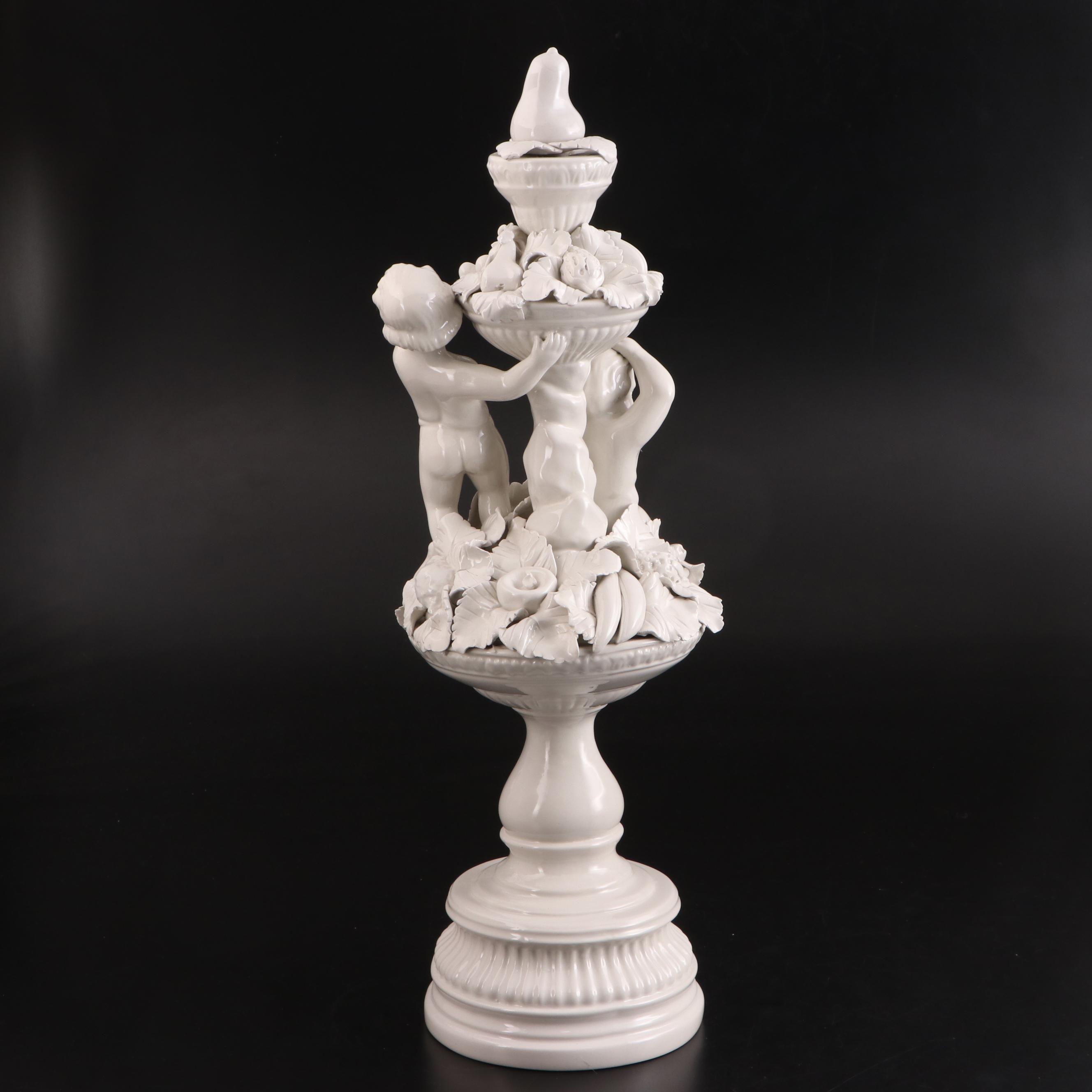 Italian Neoclassical Style Putti and Fruit Motif Ceramic Centerpiece