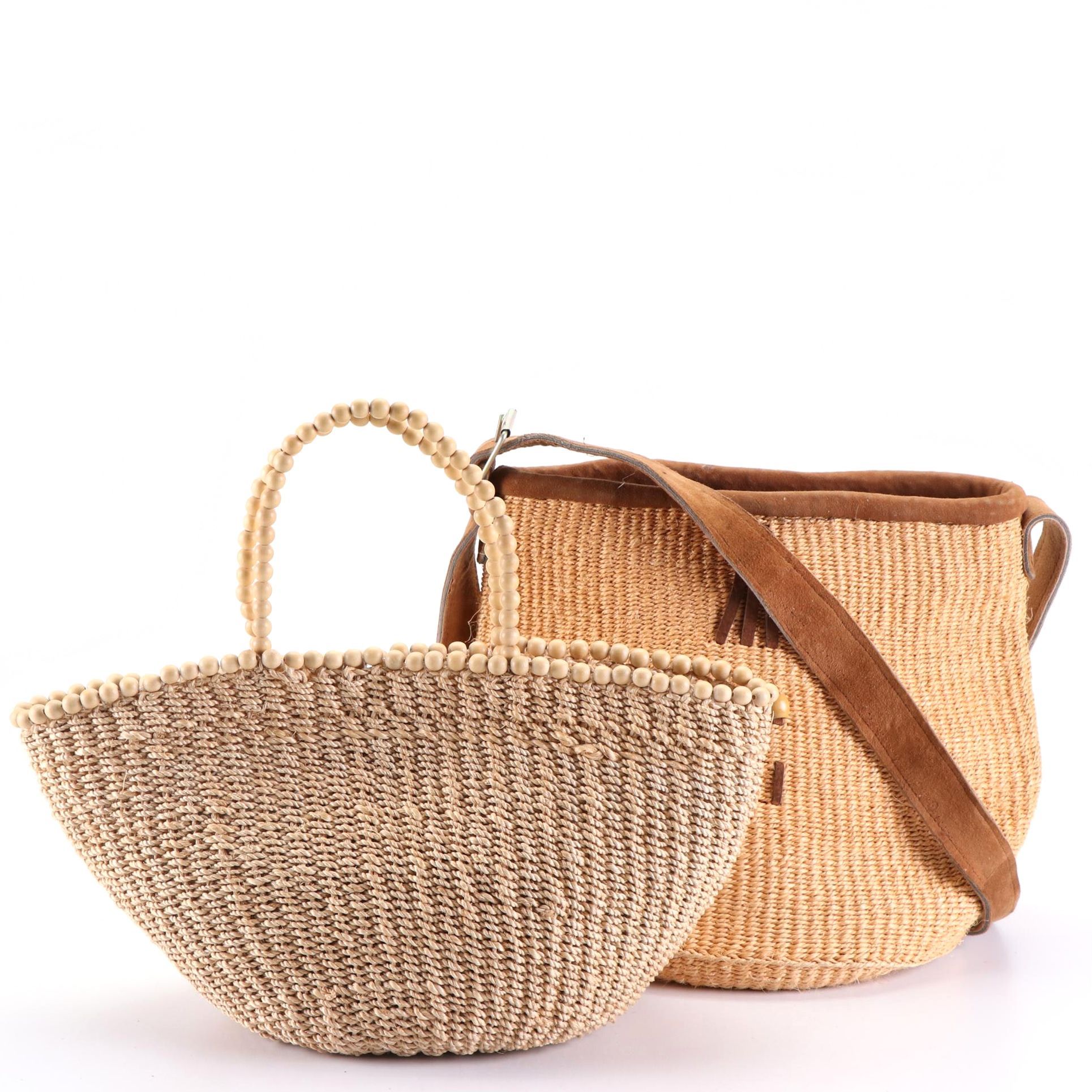 Tote and Shoulder Bag in Woven Raffia with Wood and Suede Trim