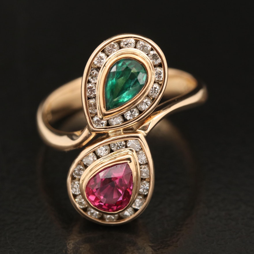 18K Ruby, Emerald and Diamond Bypass Ring