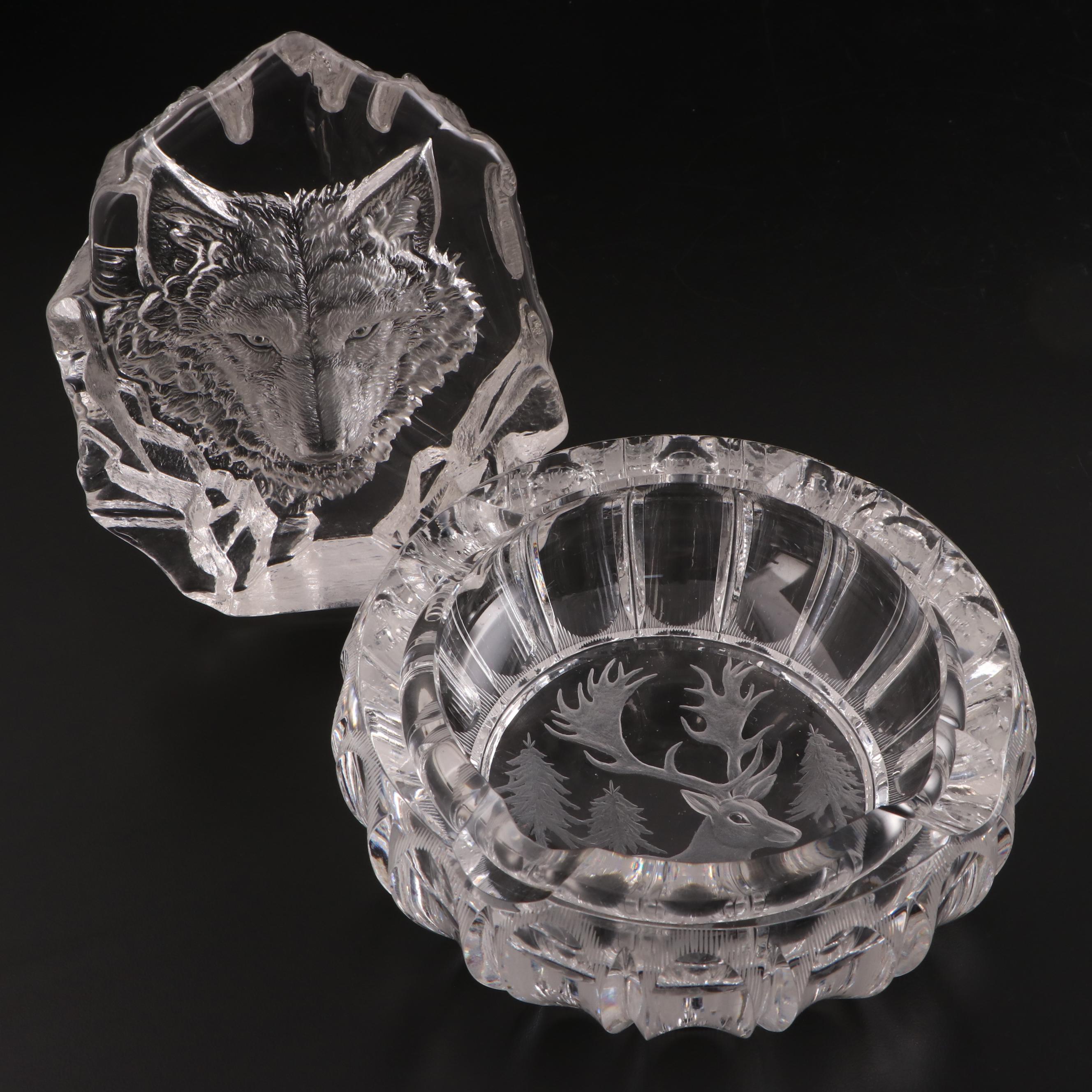 Engraved Crystal Elk Ashtray and Wolf Sculpture