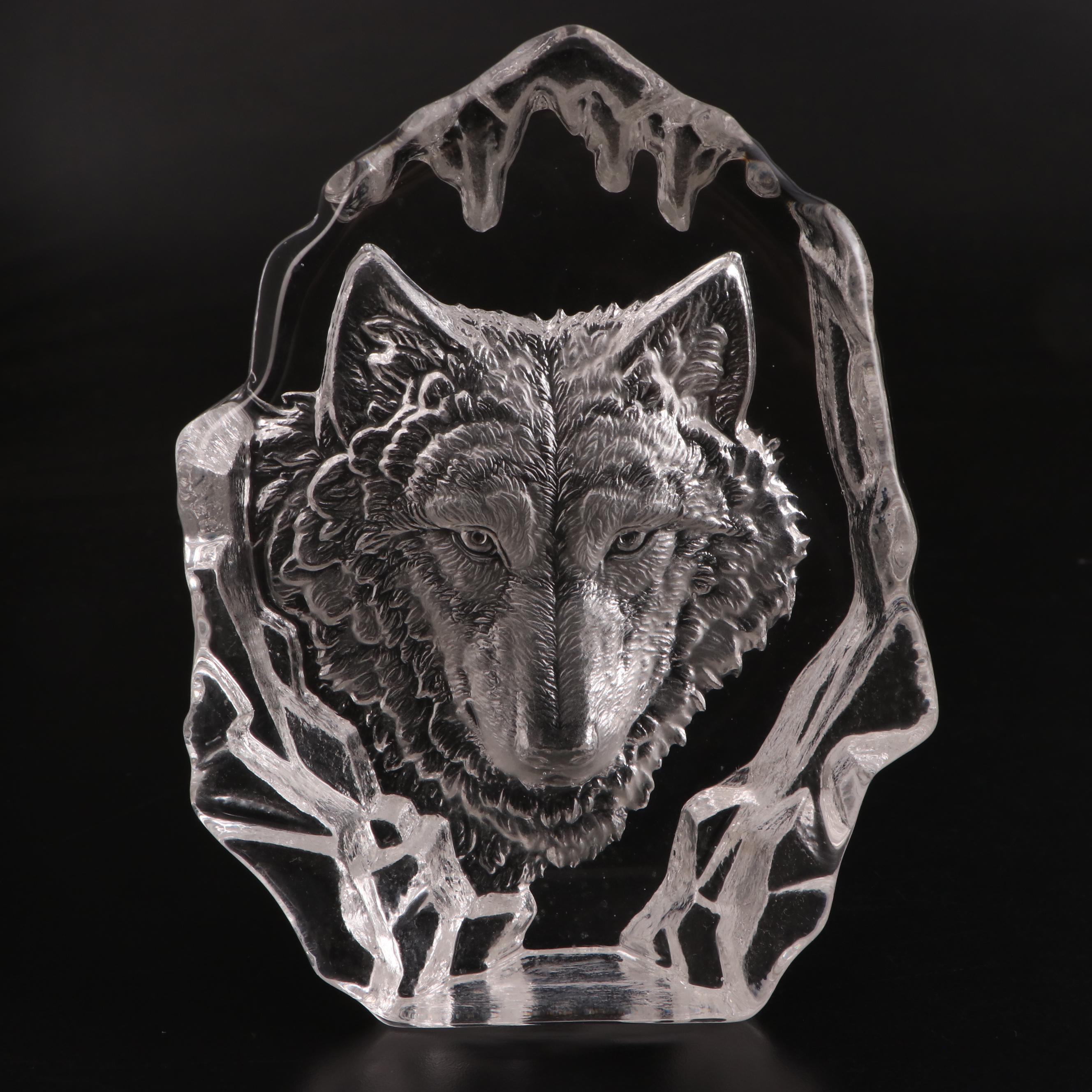 Engraved Crystal Elk Ashtray and Wolf Sculpture