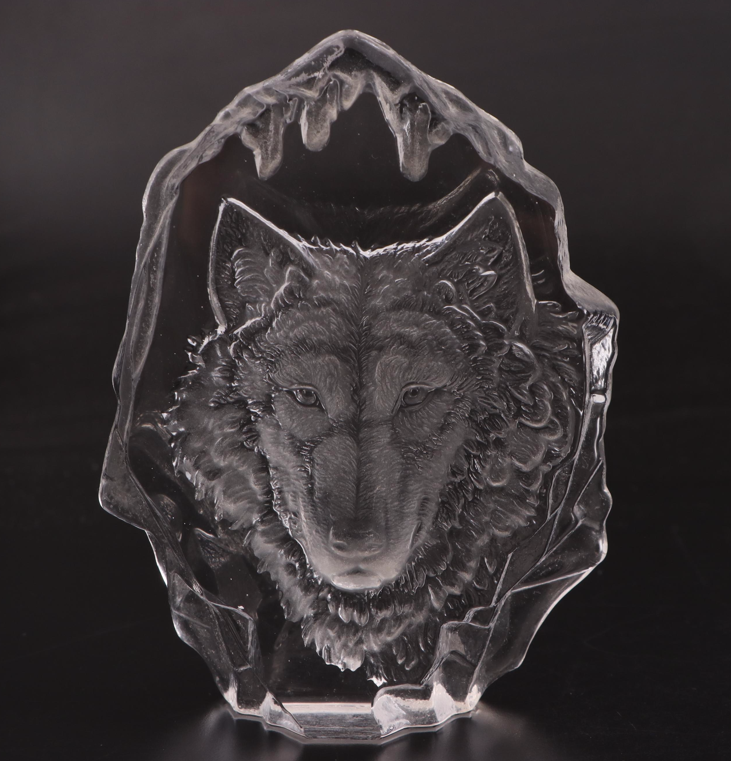 Engraved Crystal Elk Ashtray and Wolf Sculpture