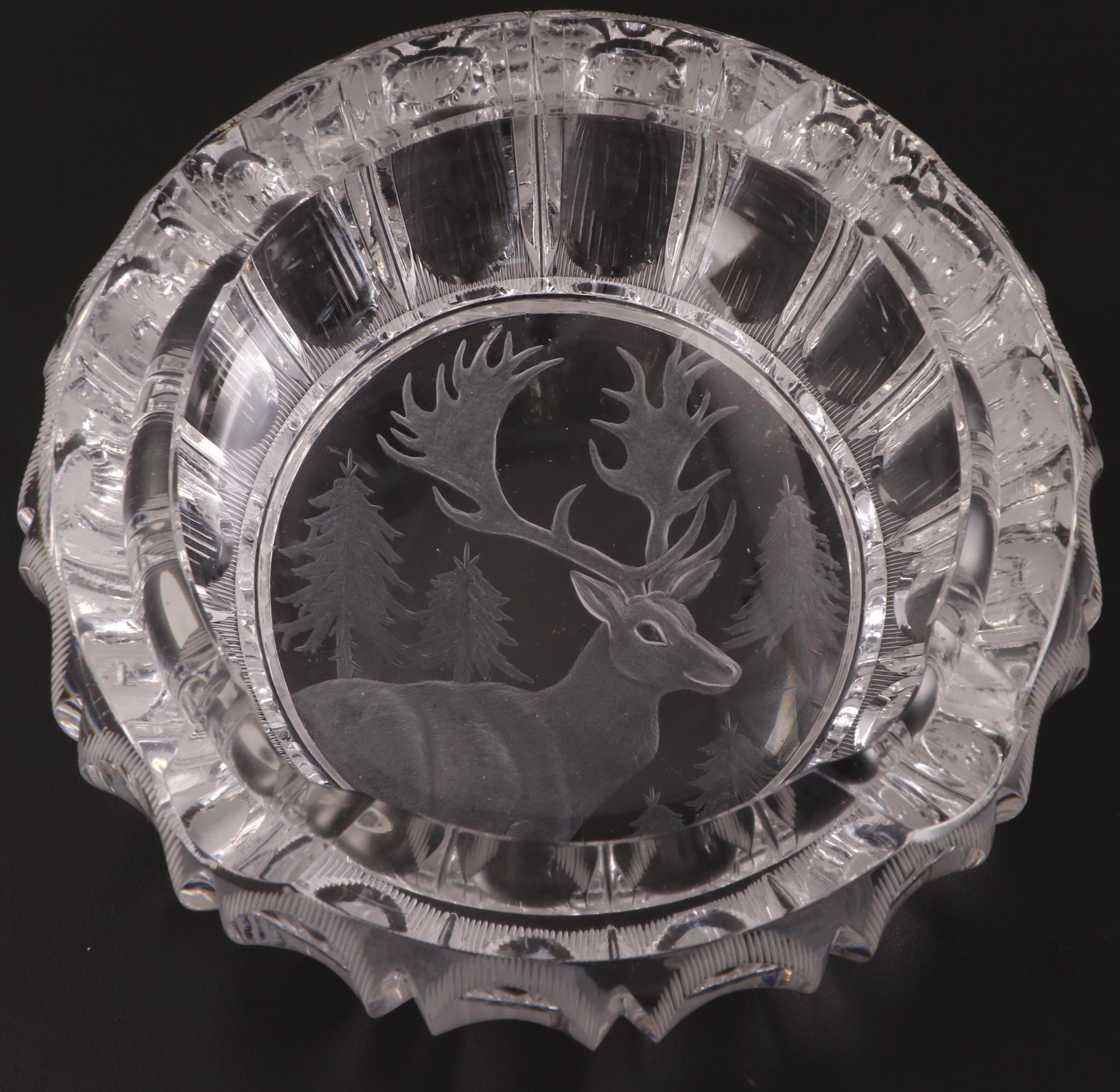Engraved Crystal Elk Ashtray and Wolf Sculpture