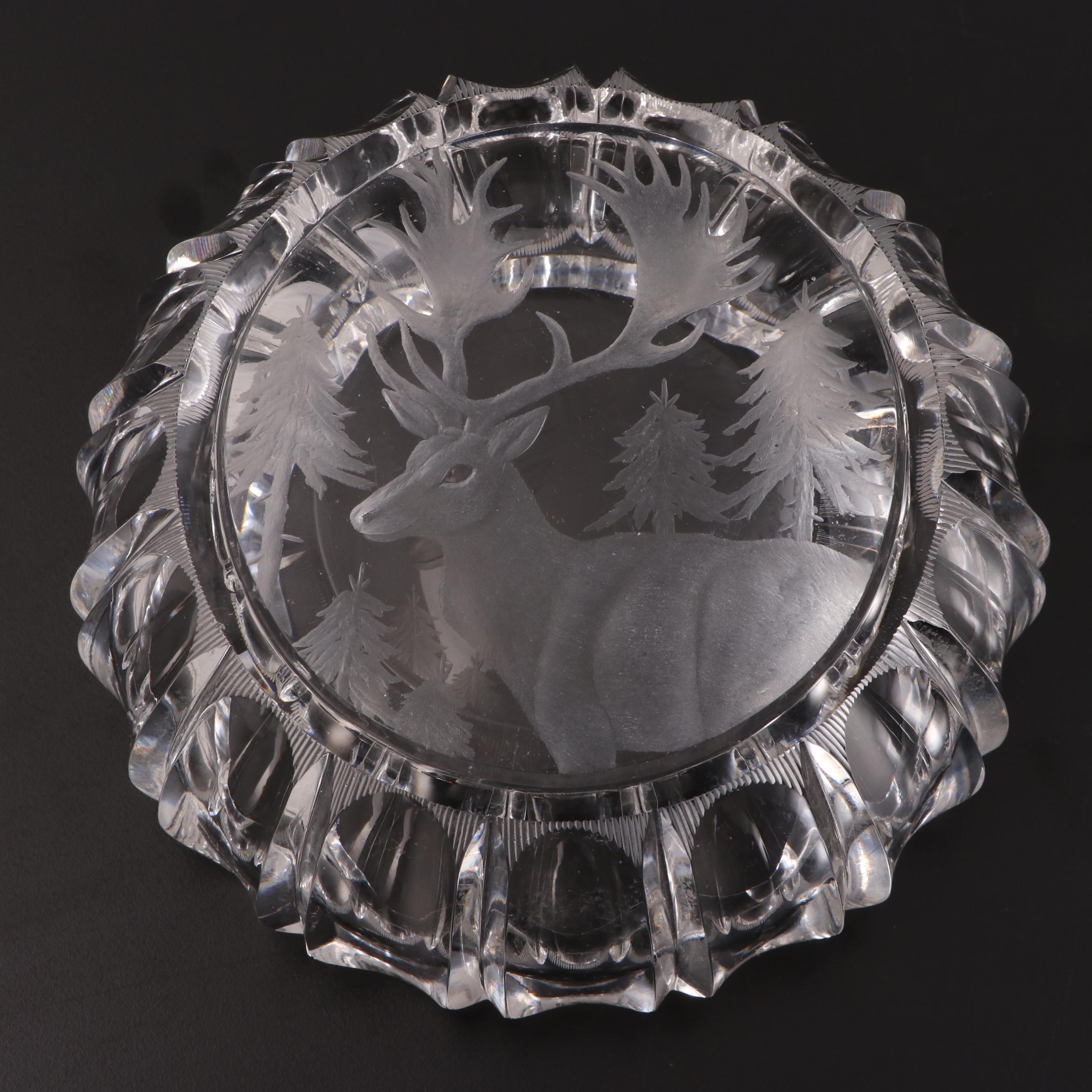 Engraved Crystal Elk Ashtray and Wolf Sculpture