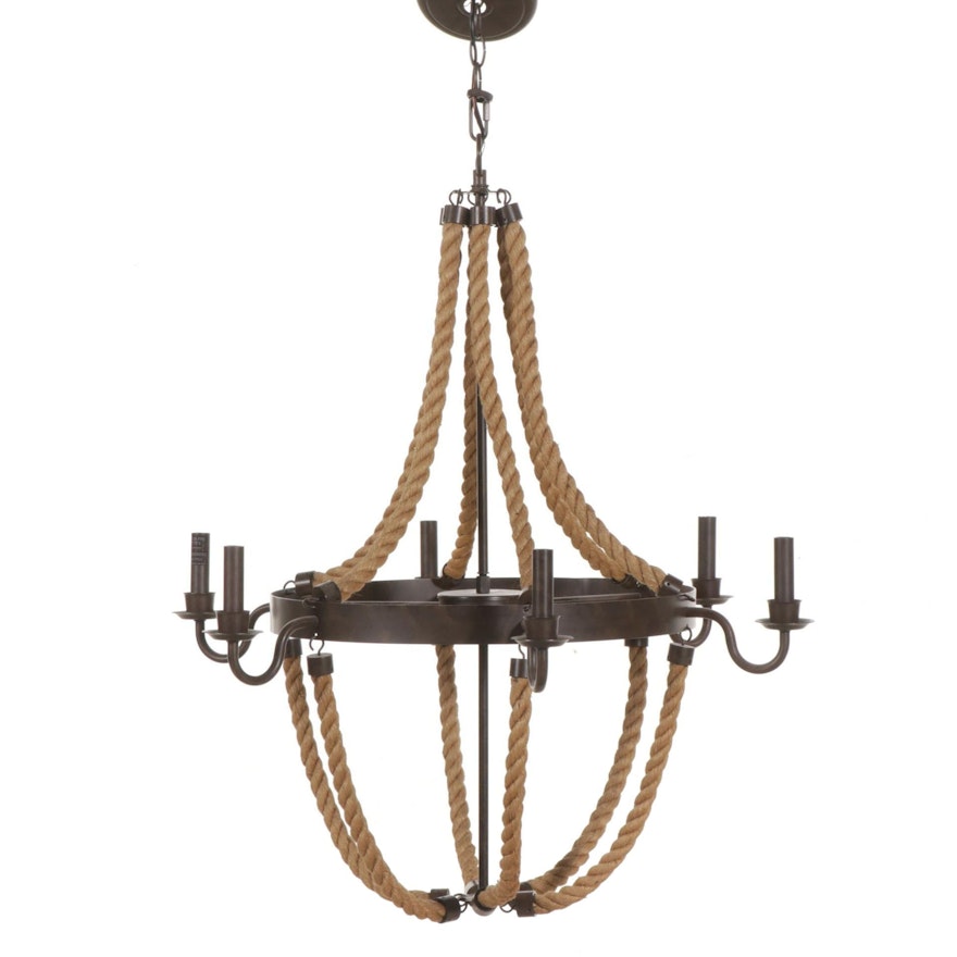 Rustic 6-Light Metal and Rope Candle-Style Chandelier, 21st century