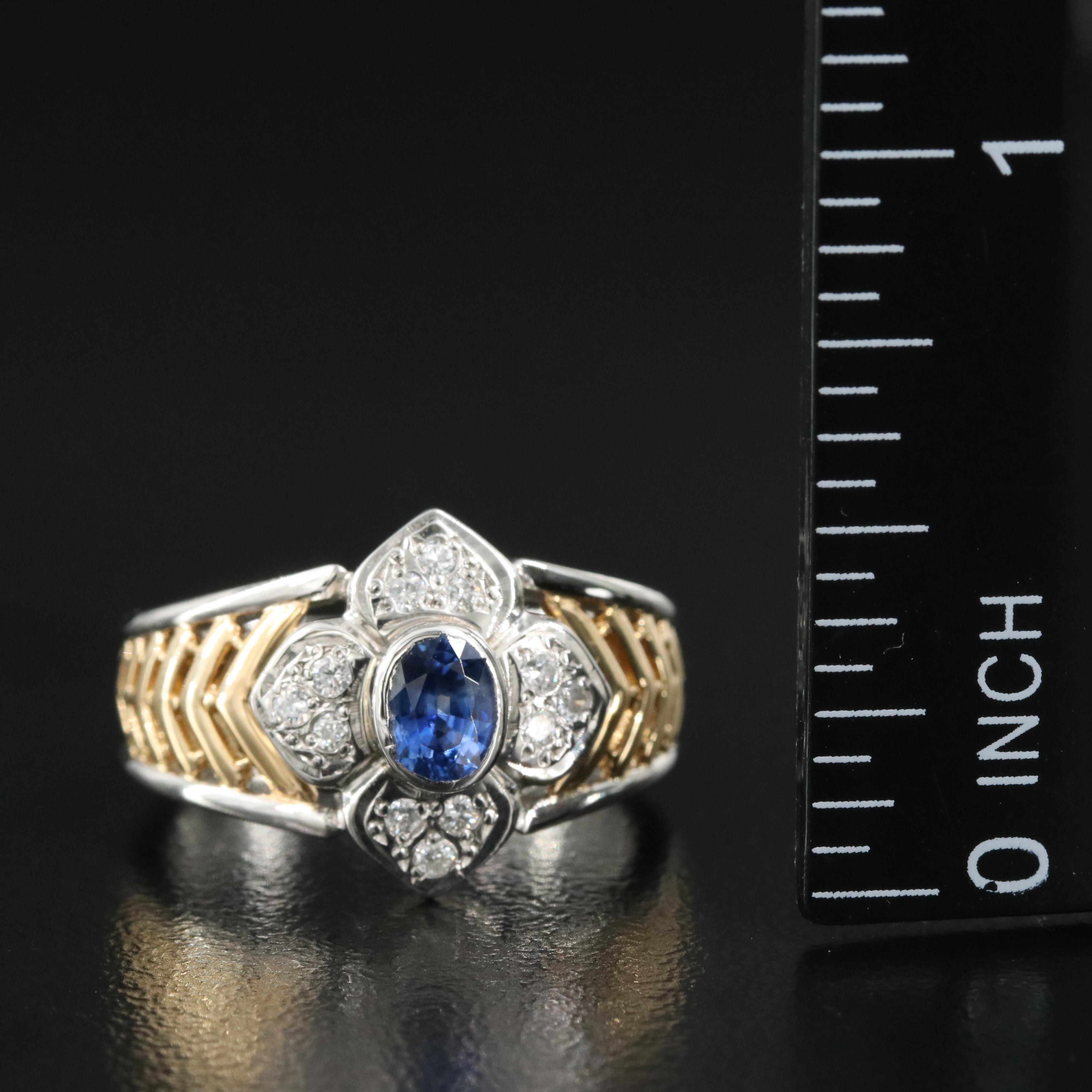 Two-Toned 18K and Platinum Sapphire and Diamond Flower Ring