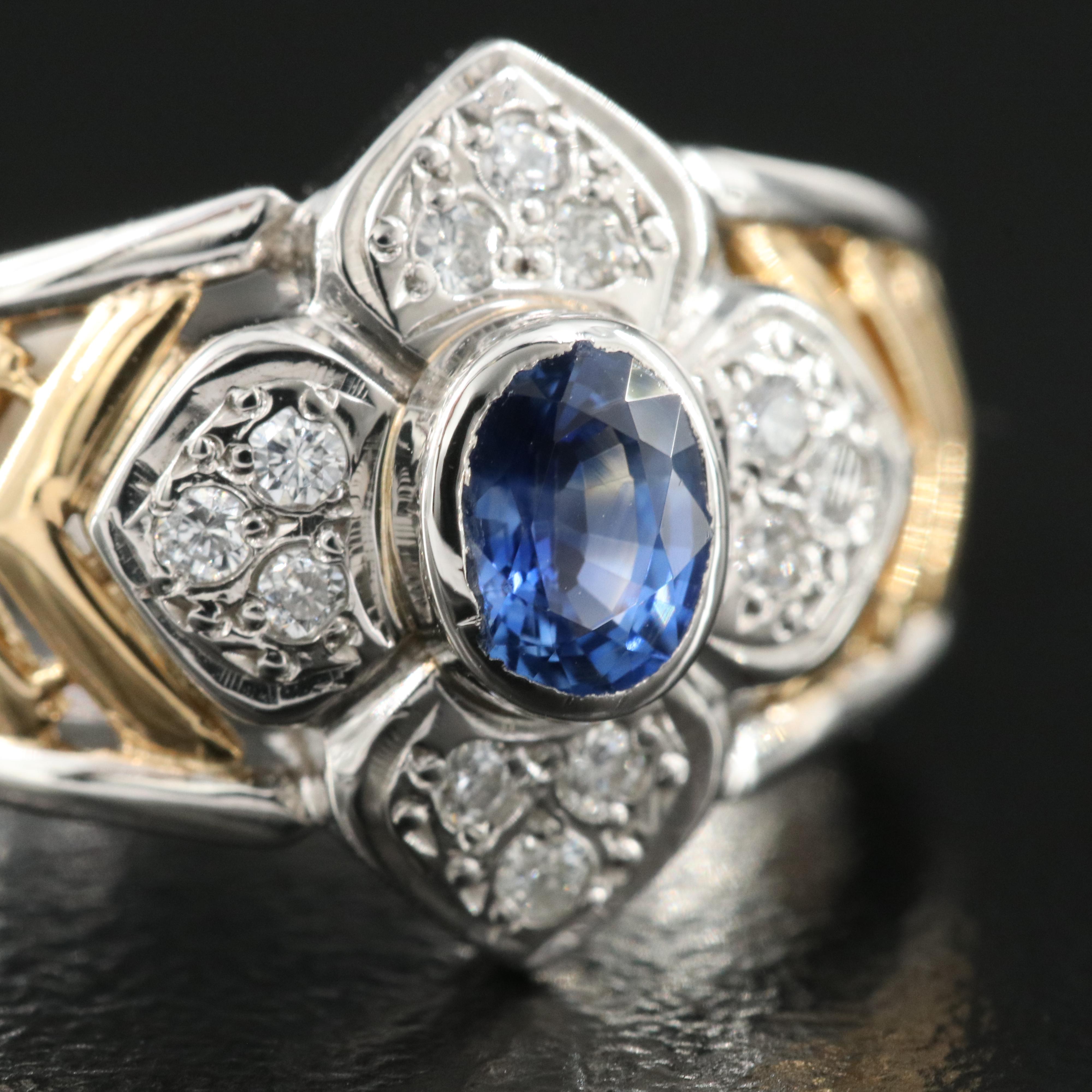 Two-Toned 18K and Platinum Sapphire and Diamond Flower Ring