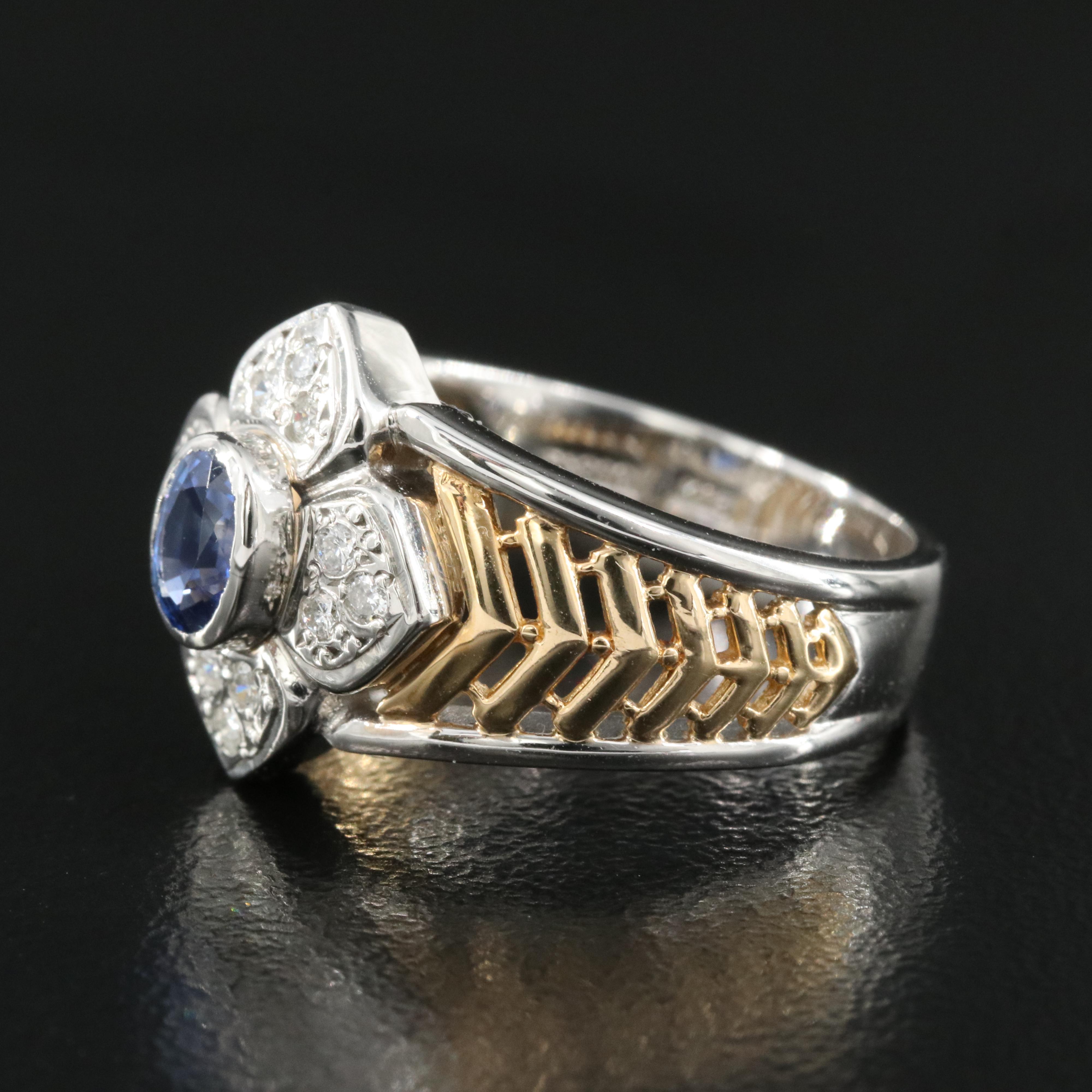 Two-Toned 18K and Platinum Sapphire and Diamond Flower Ring