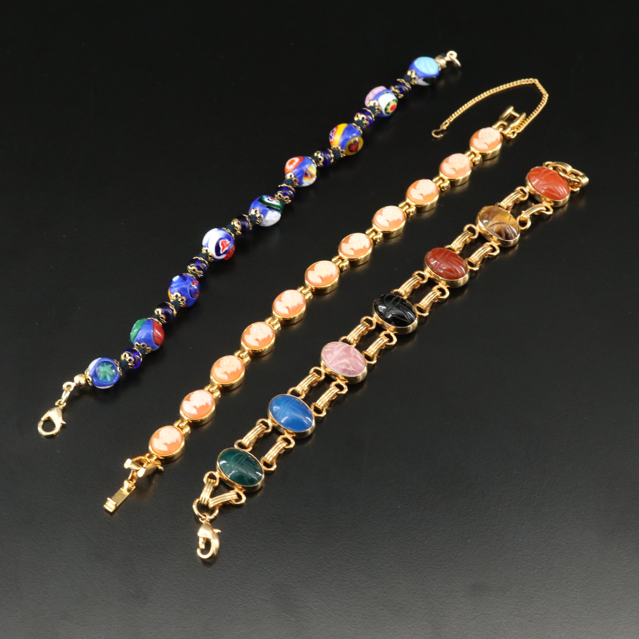 Vintage Bracelets Including Scarab, Millefiori and Cameo