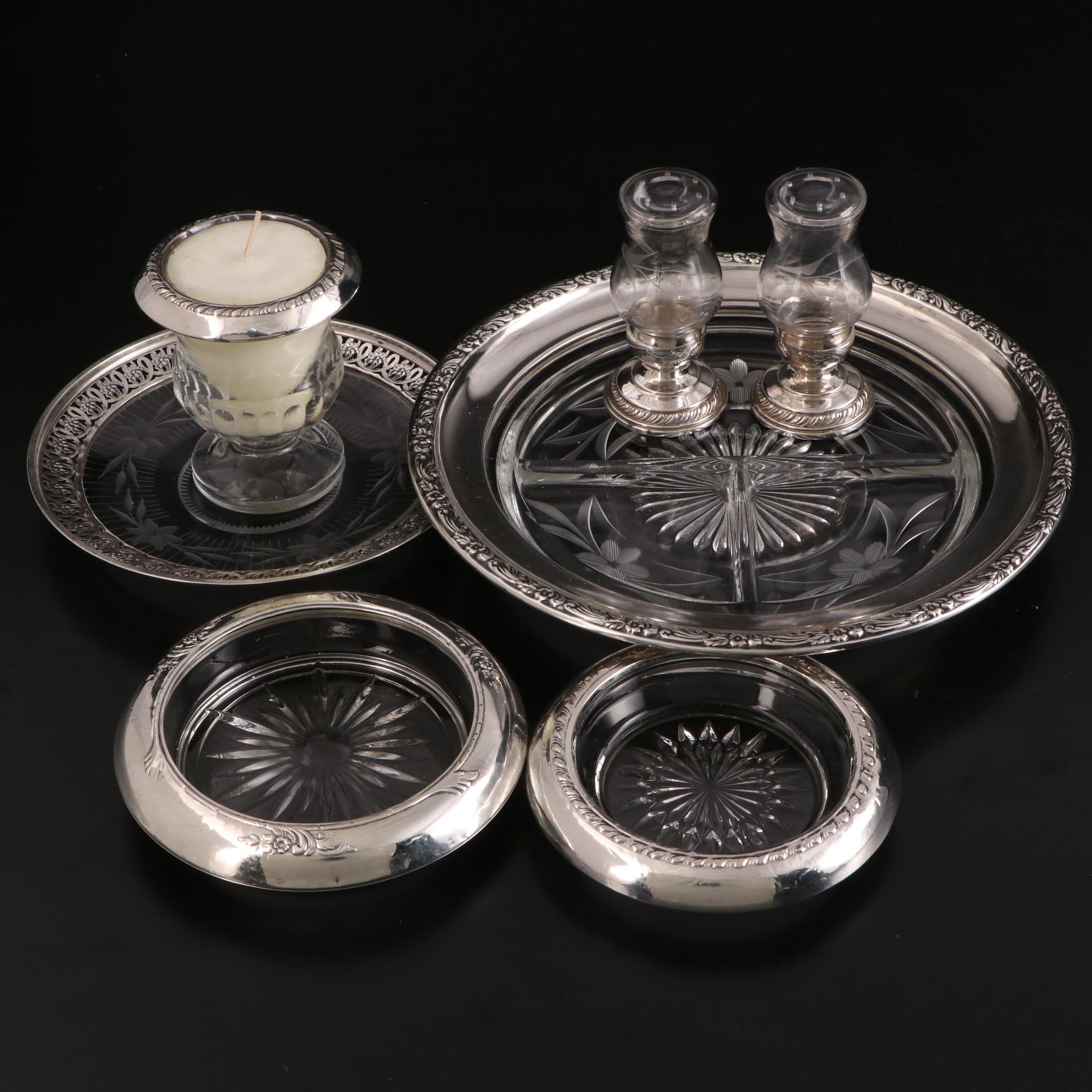 Sterling Silver Rimmed Glass Coasters and More Tableware, Early/ Mid-20th C.