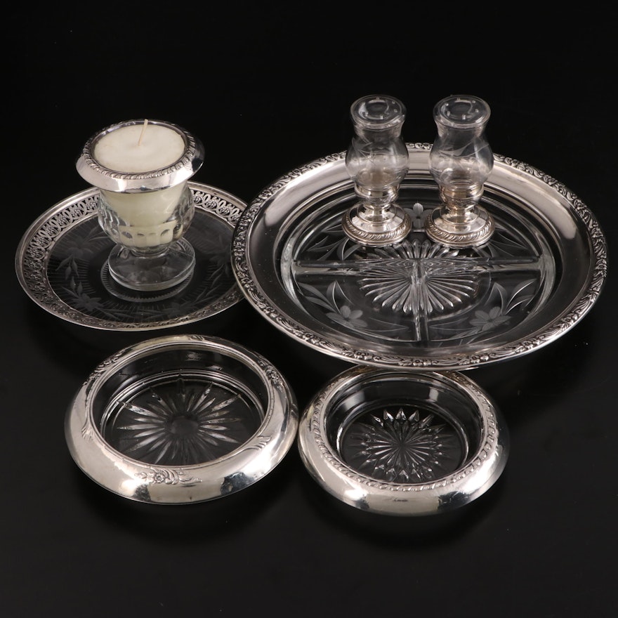 Sterling Silver Rimmed Glass Coasters and More Tableware, Early/ Mid-20th C.