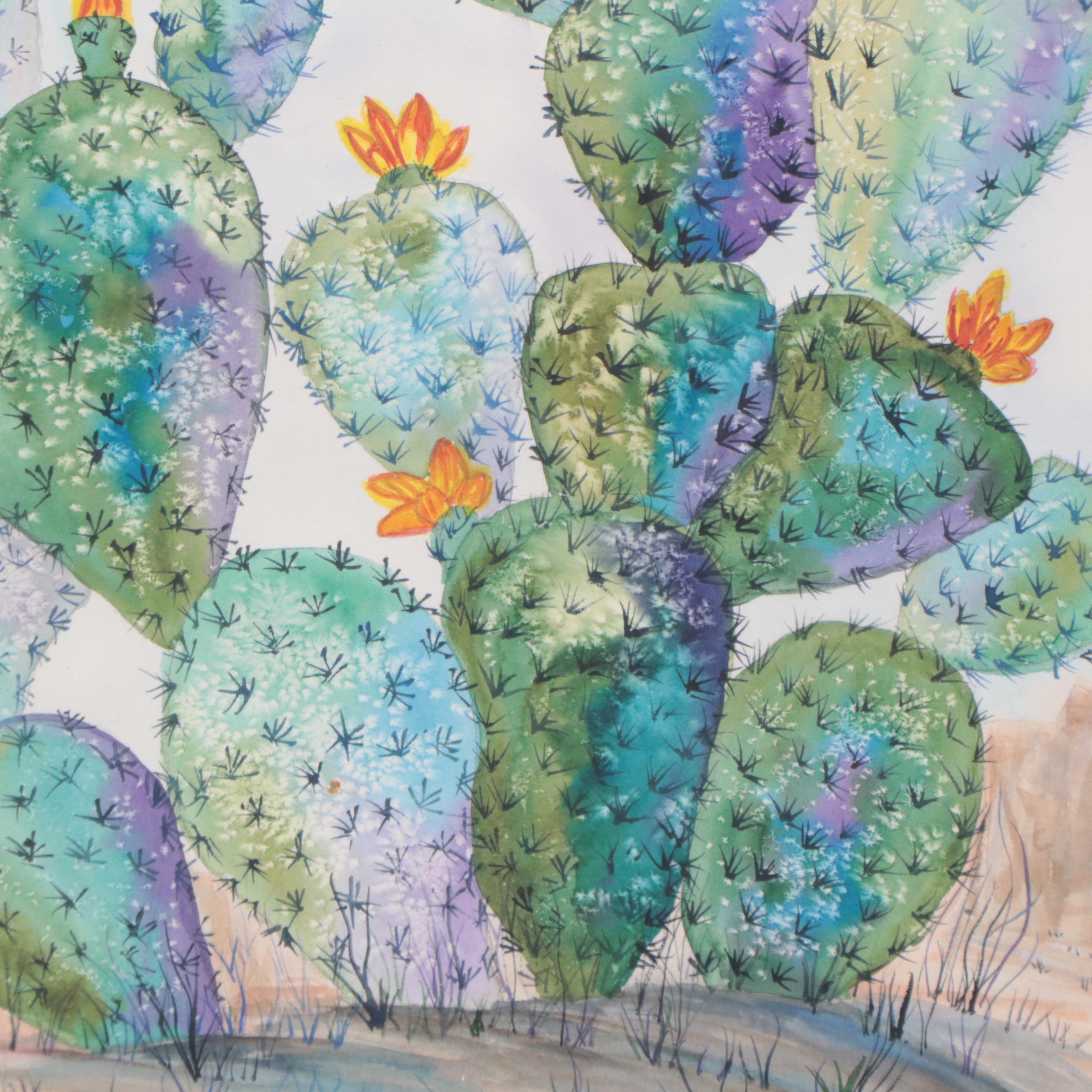 Watercolor Painting of Flowering Cactus