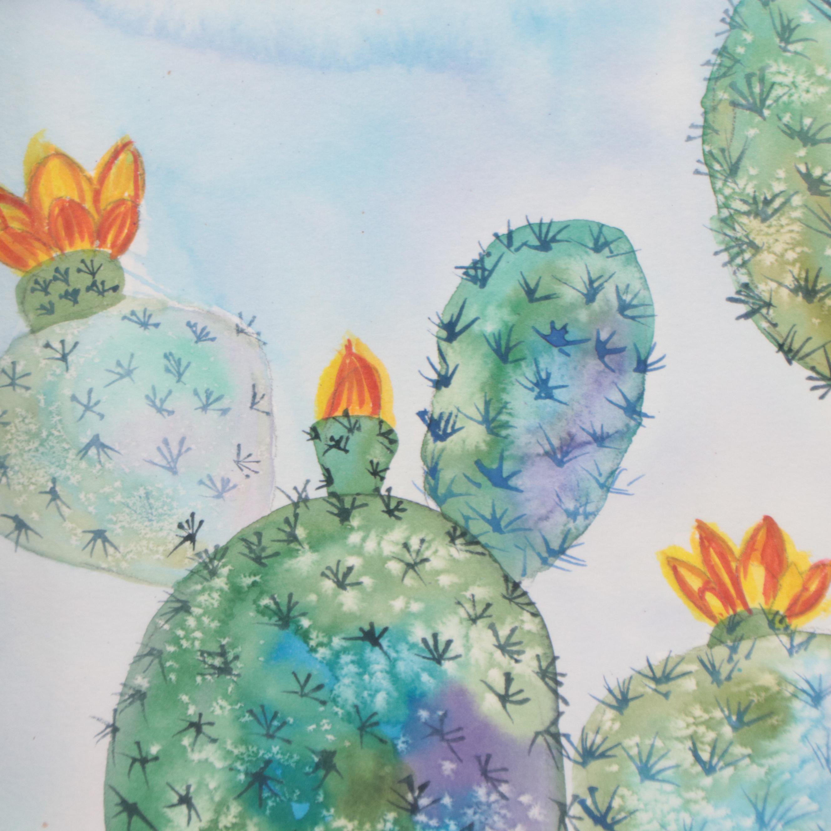 Watercolor Painting of Flowering Cactus