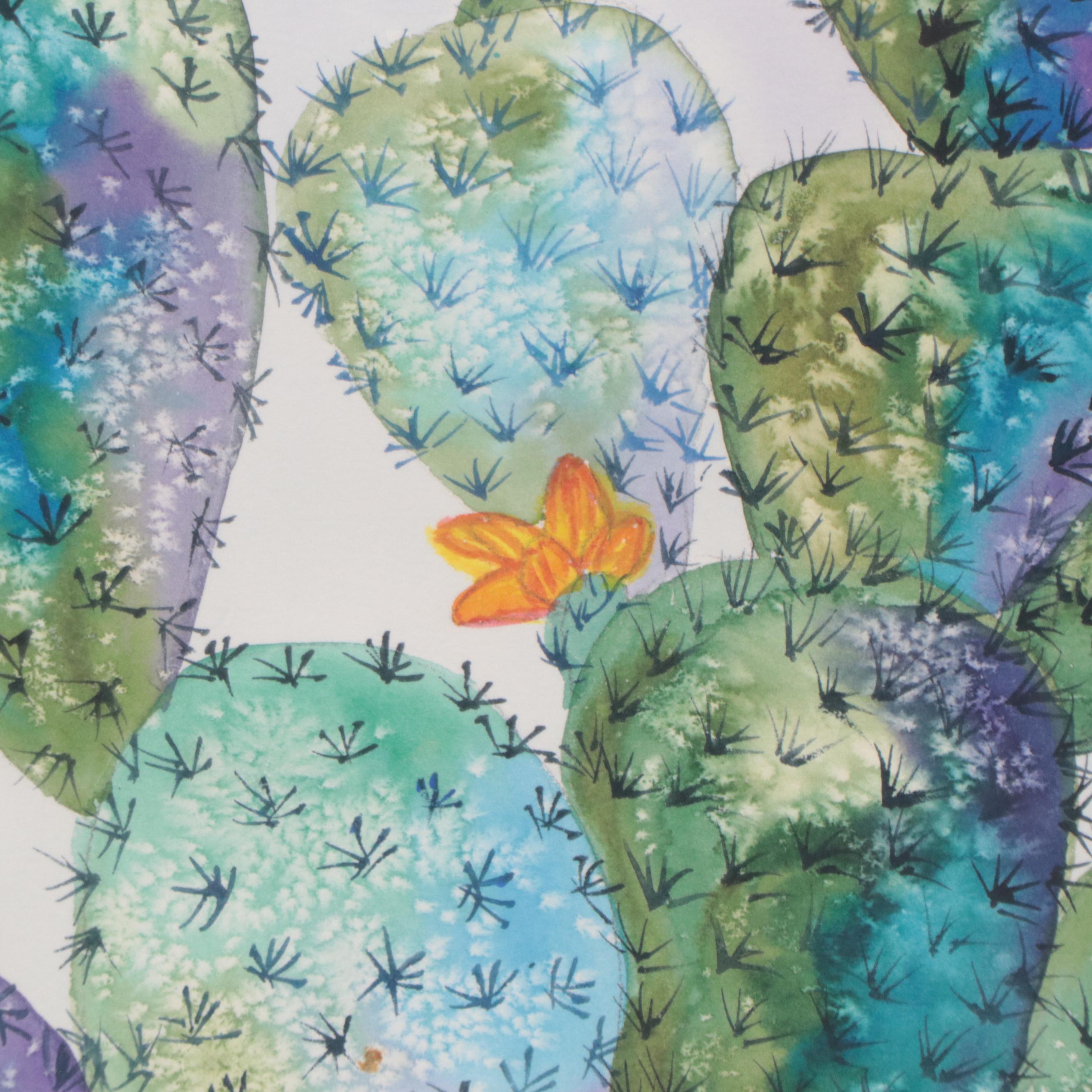 Watercolor Painting of Flowering Cactus
