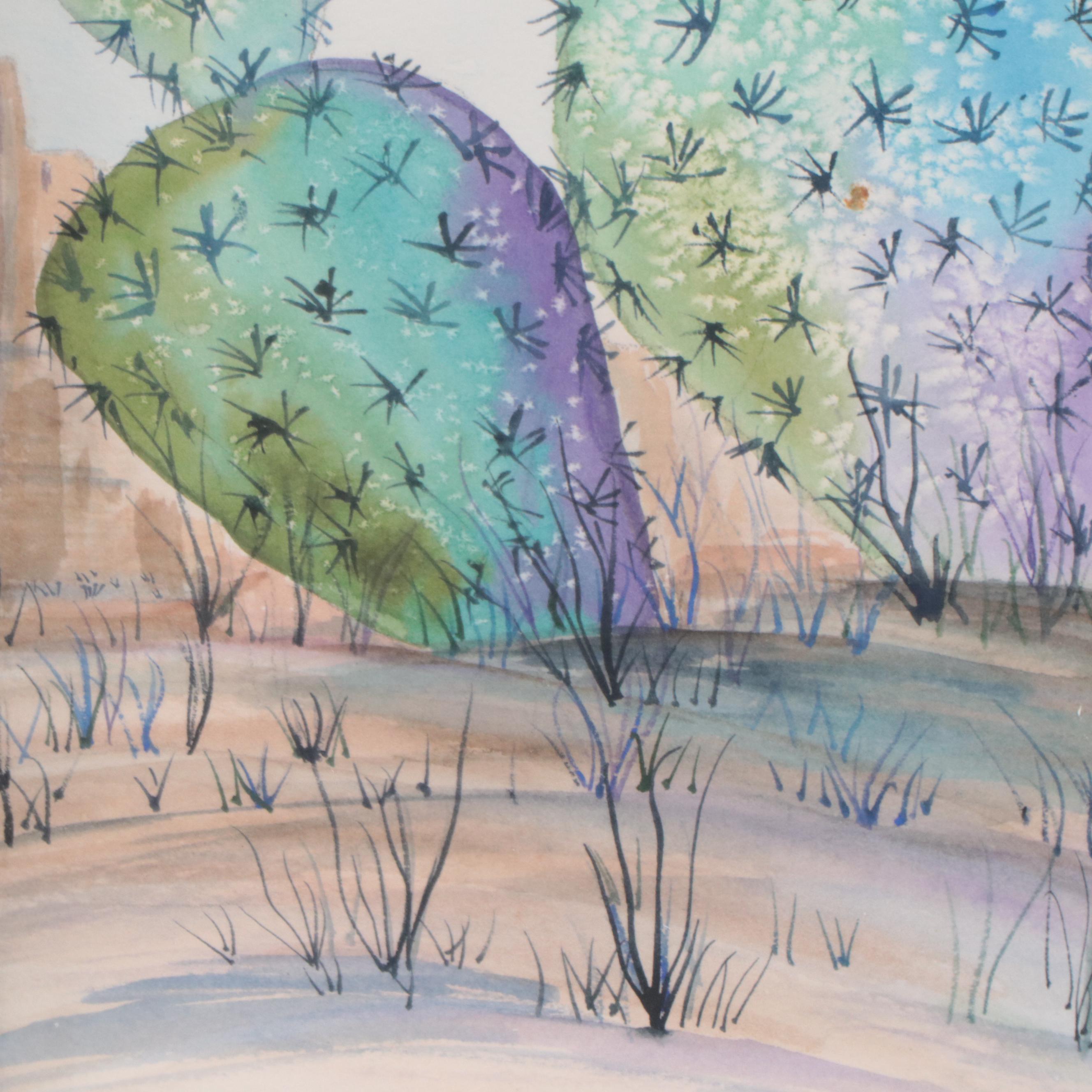 Watercolor Painting of Flowering Cactus