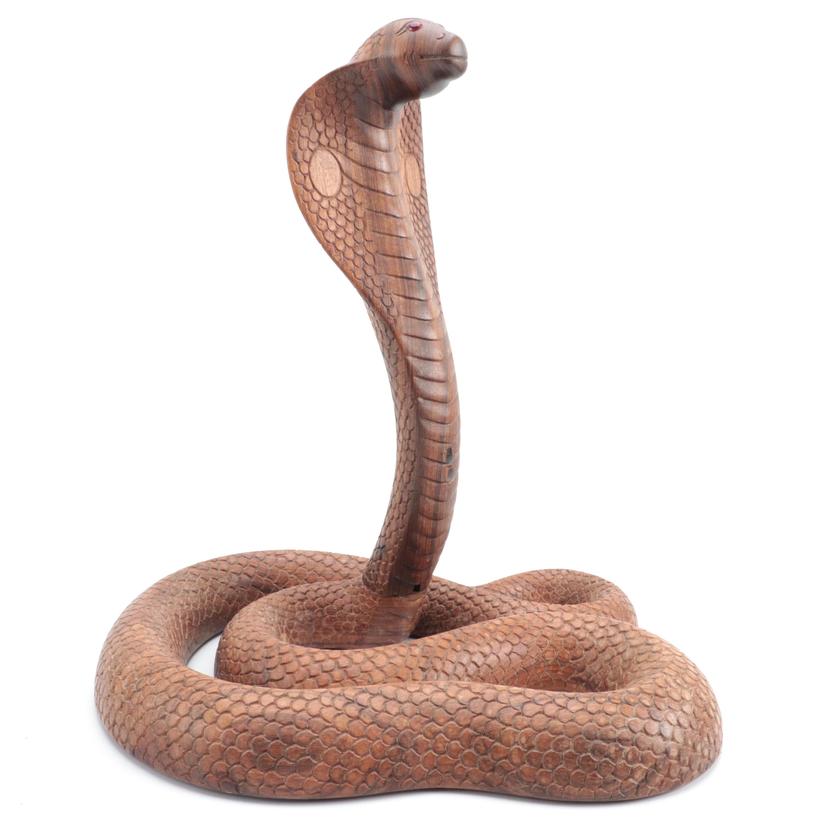 Carved Wood King Cobra Statuette with Glass Eyes