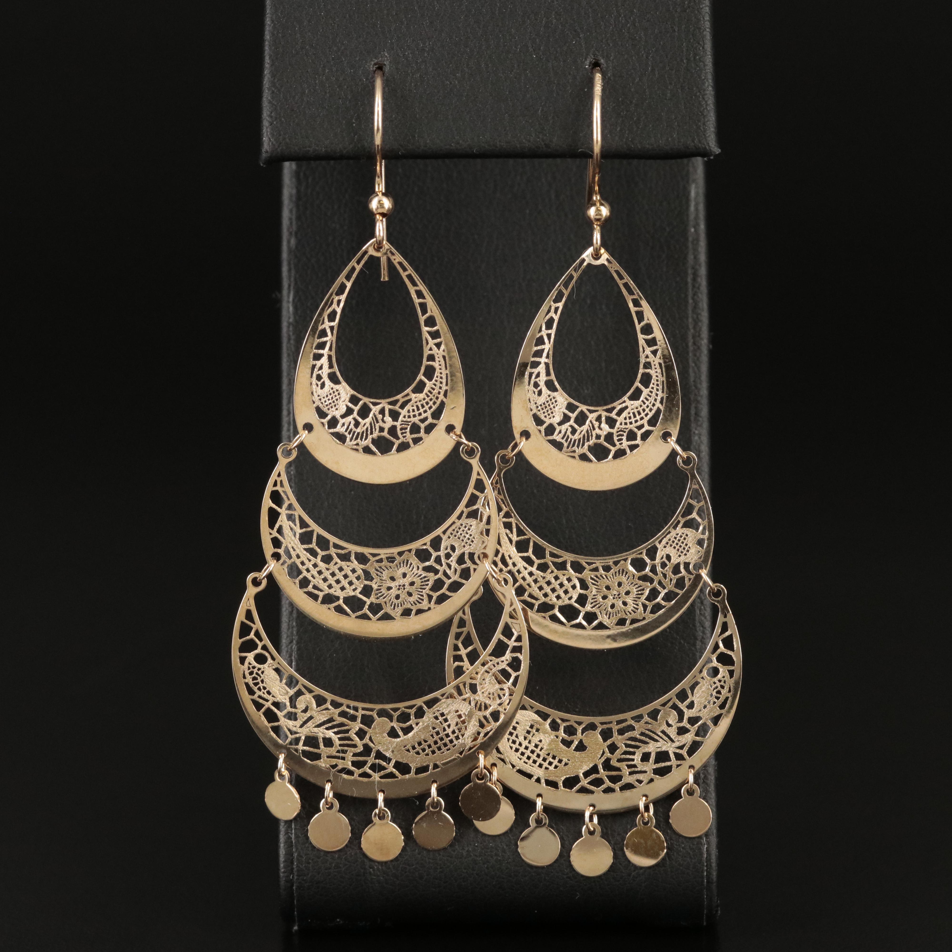 Italian 14K Paisley Patterned Chandelier Earrings