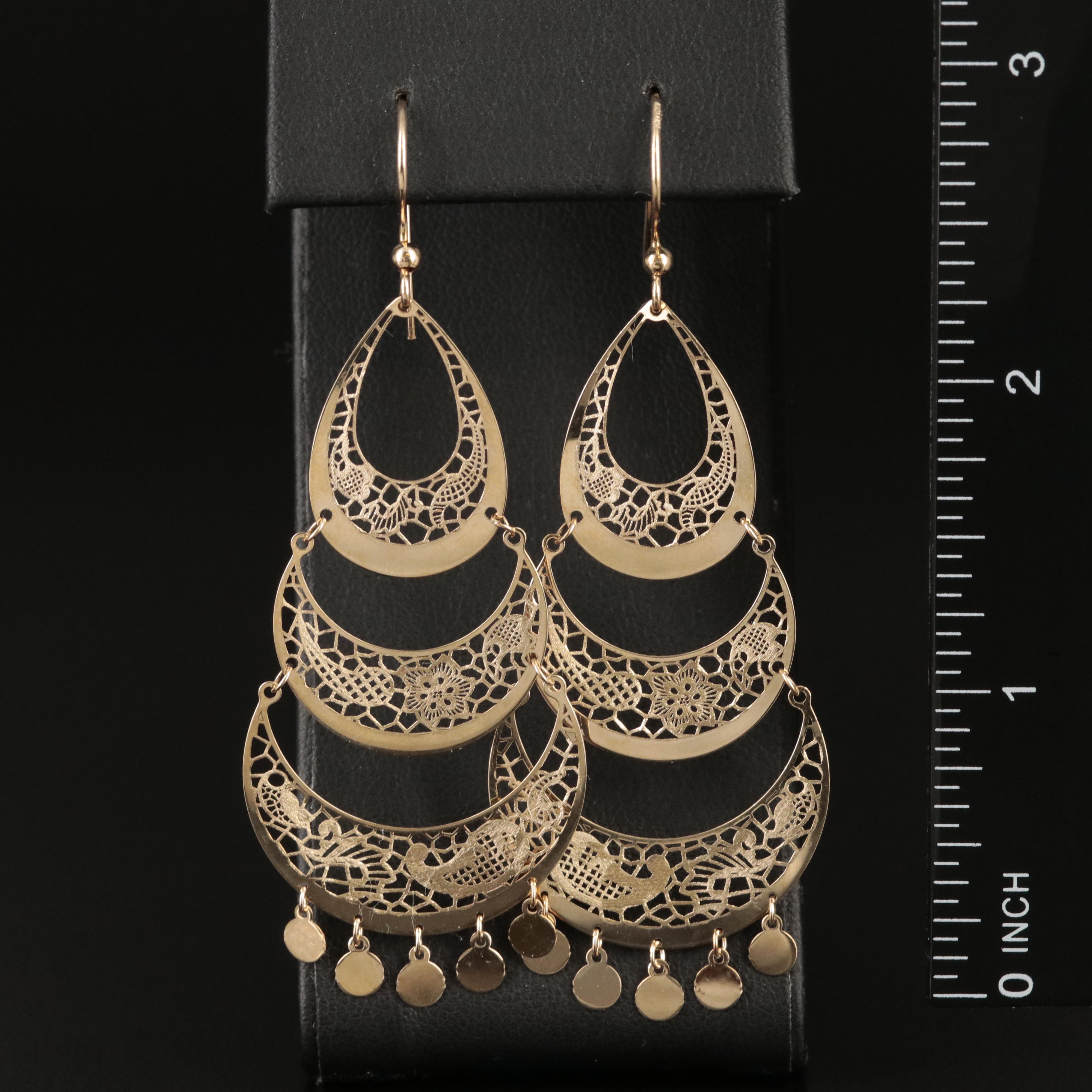 Italian 14K Paisley Patterned Chandelier Earrings