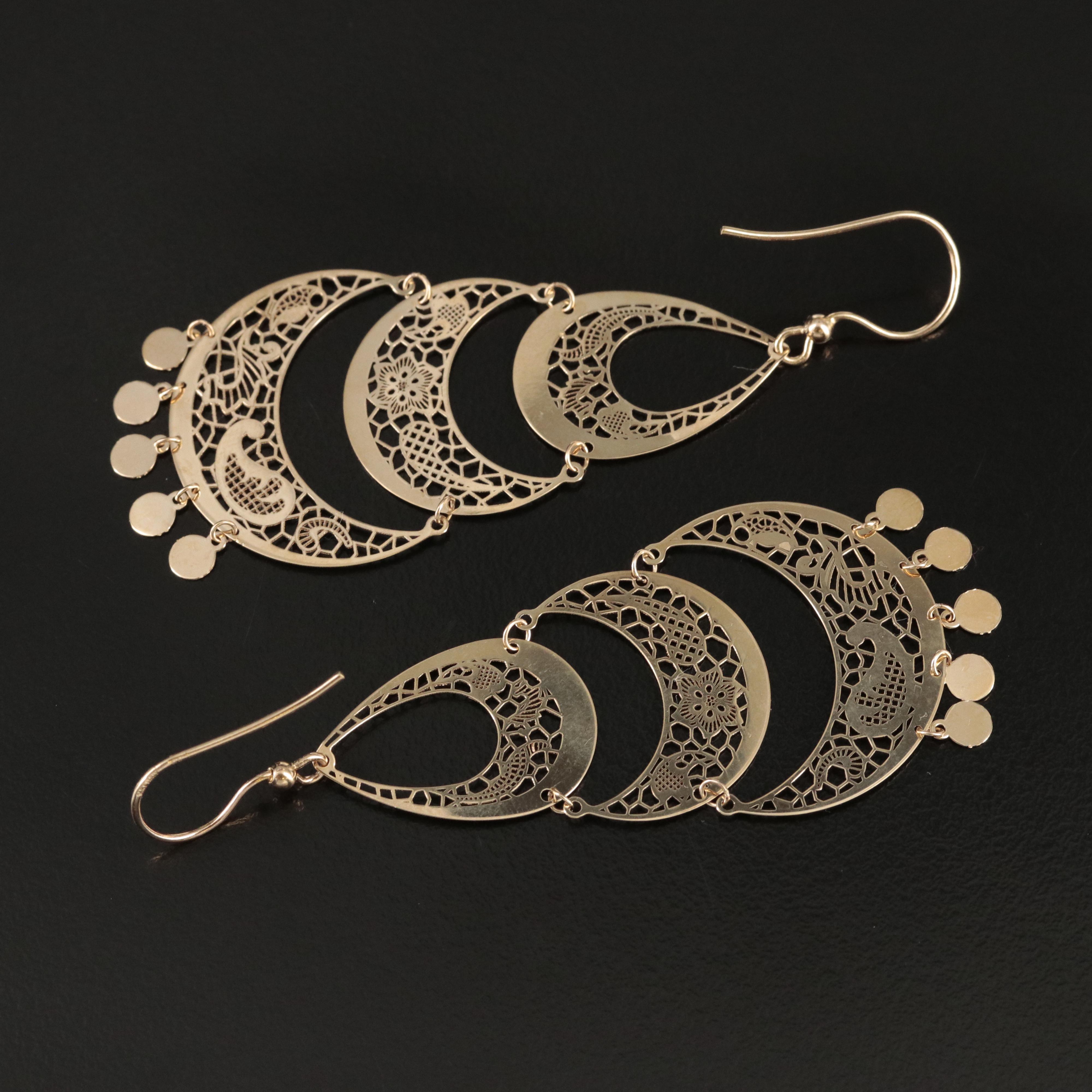 Italian 14K Paisley Patterned Chandelier Earrings