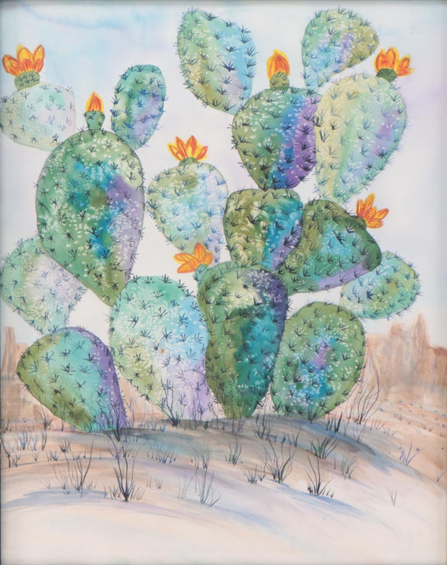 Watercolor Painting of Flowering Cactus