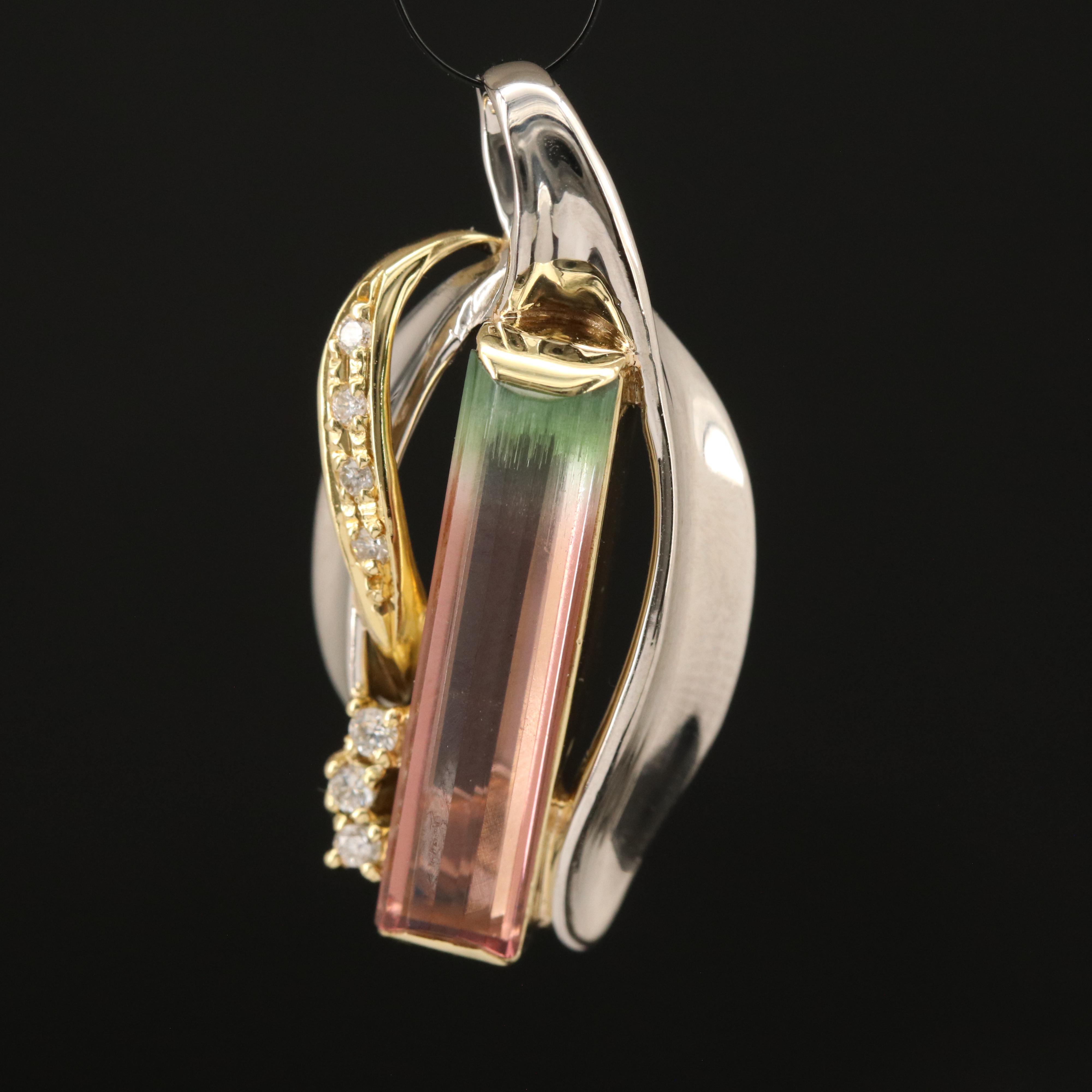 Platinum 3.19 CT Bi-Color Tourmaline and Diamond Pendant with 18K Accent