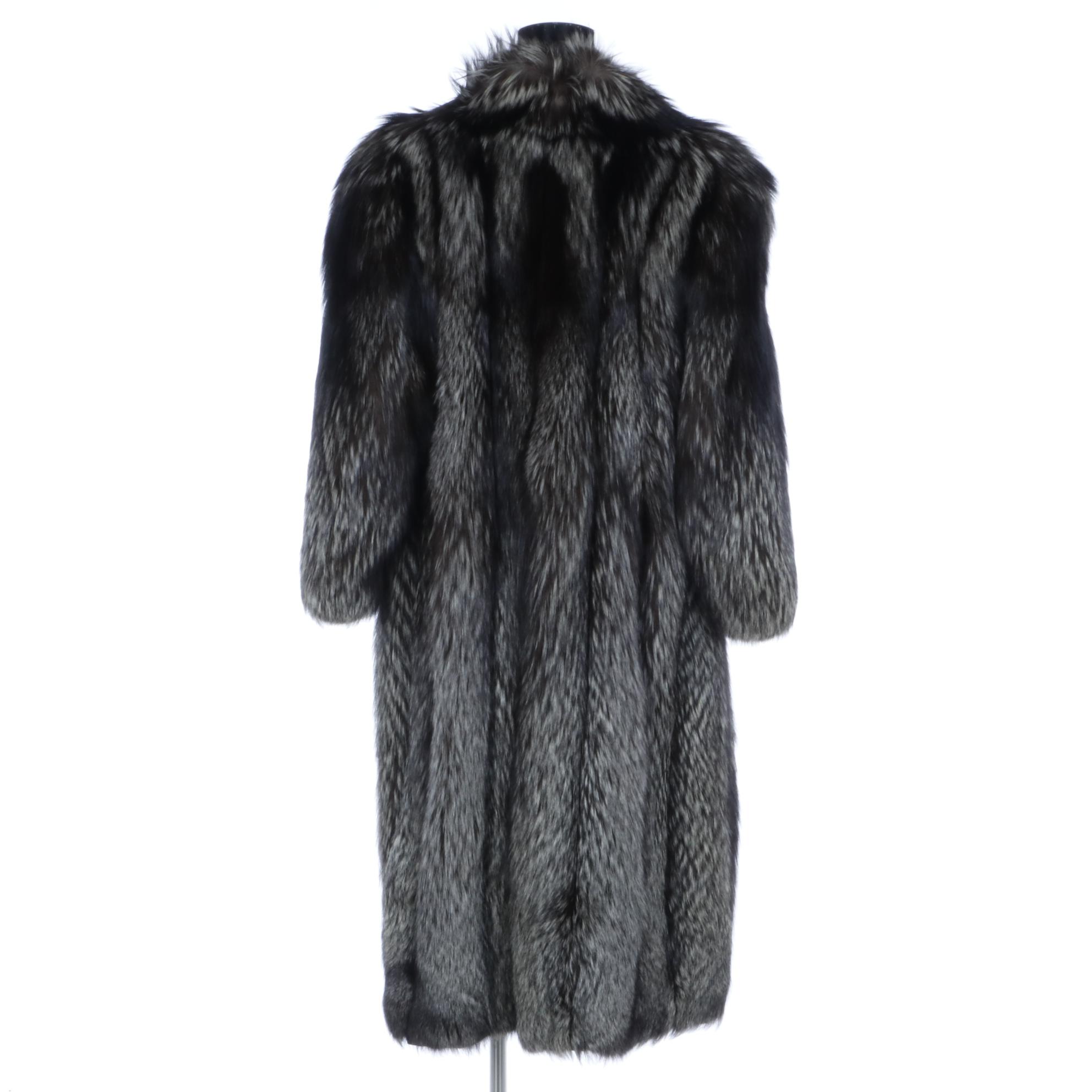 Natural Silver Fox Fur Full-Length Coat with Headband