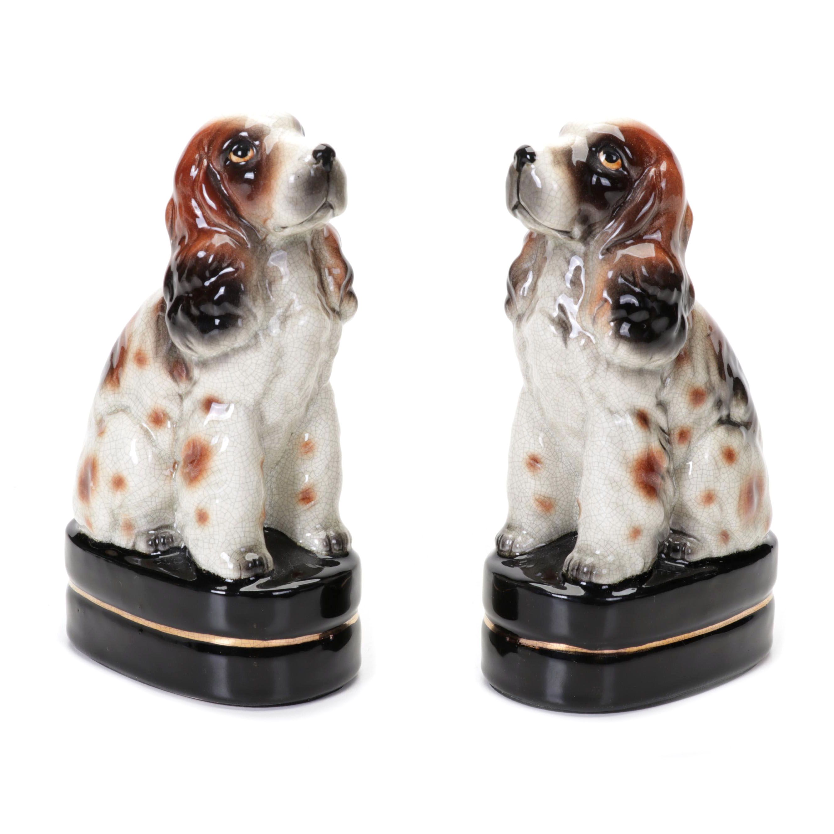 Pair of Takahashi Cocker Spaniel Porcelain Crackle Glaze Bookends
