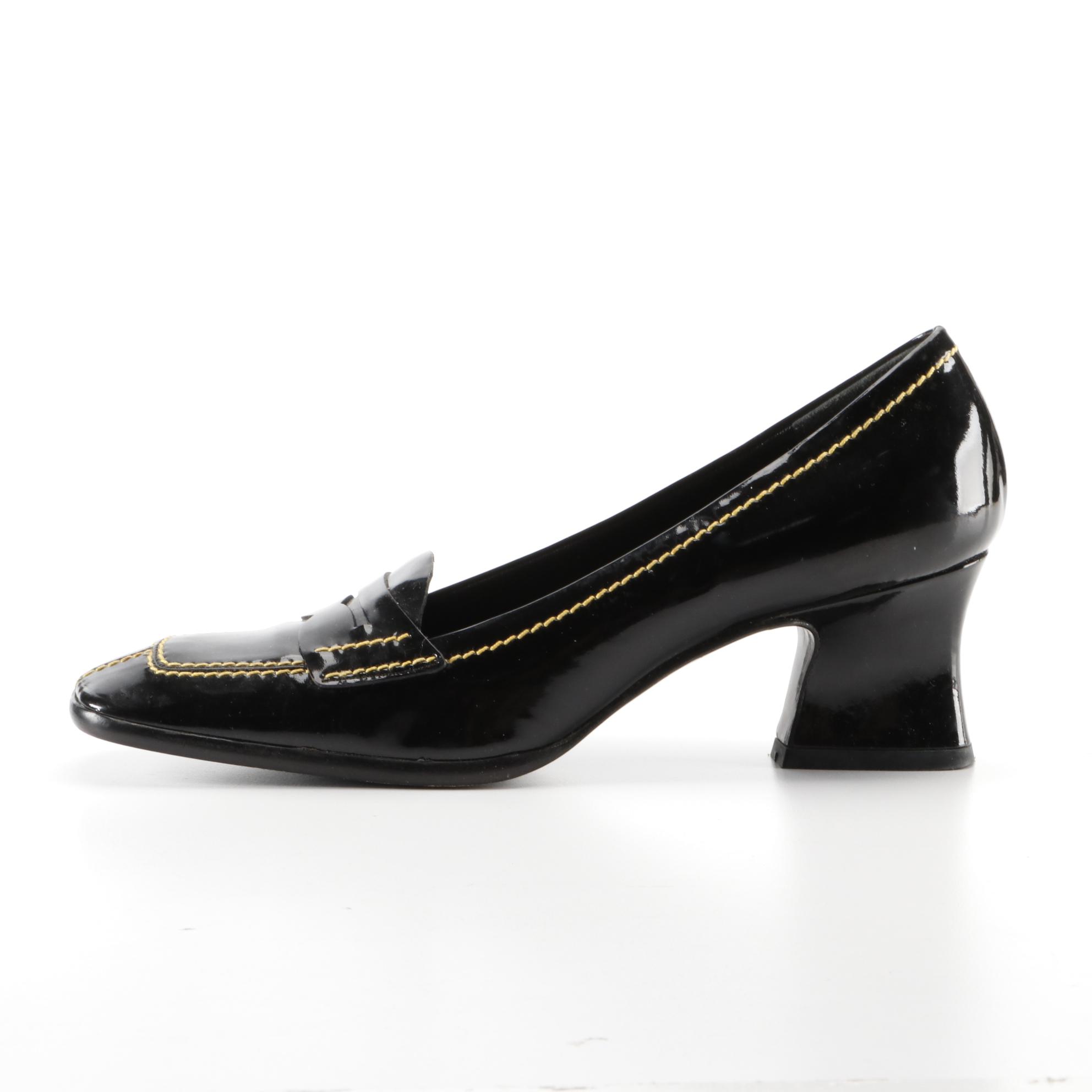 Prada Patent Leather Penny Loafers with Contrast Stitching and Tapered Heel