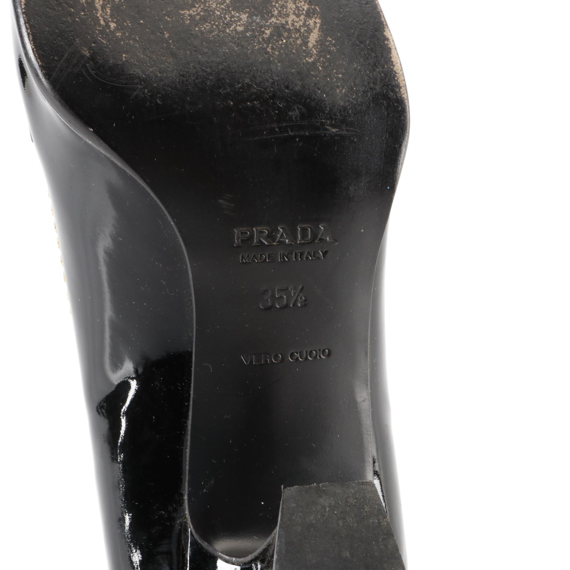 Prada Patent Leather Penny Loafers with Contrast Stitching and Tapered Heel