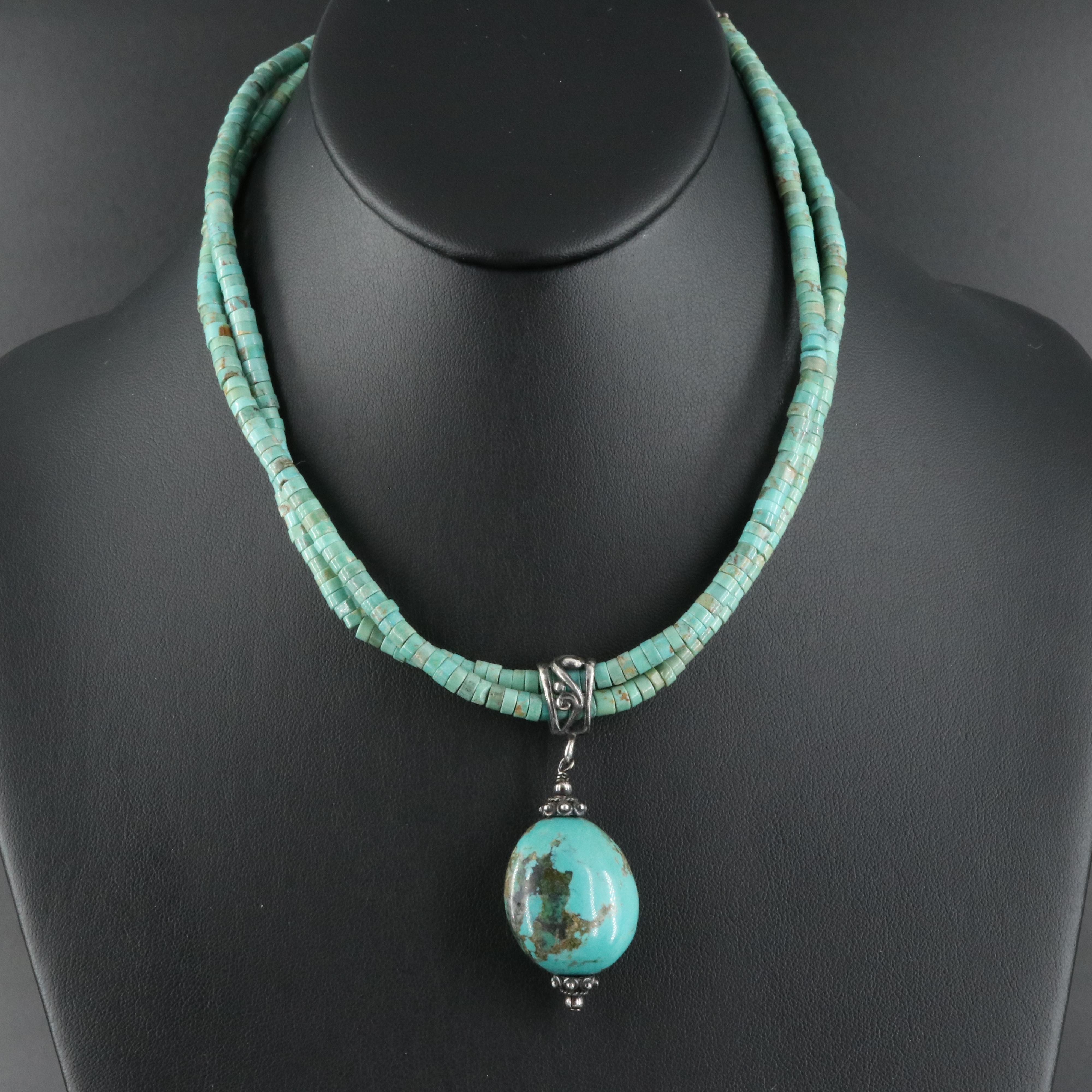 Sterling and Turquoise Double-Strand Heishi Necklace with Drop