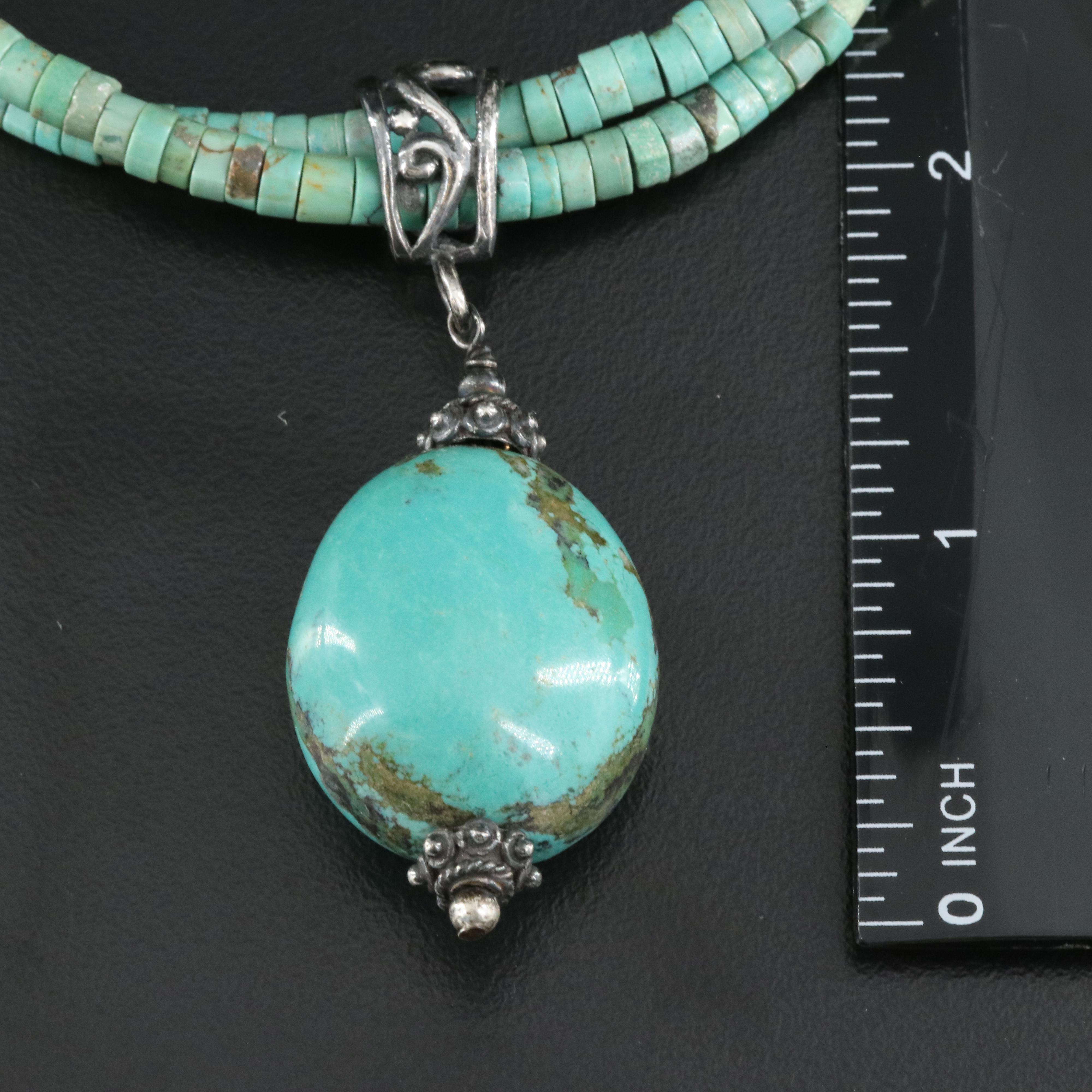 Sterling and Turquoise Double-Strand Heishi Necklace with Drop