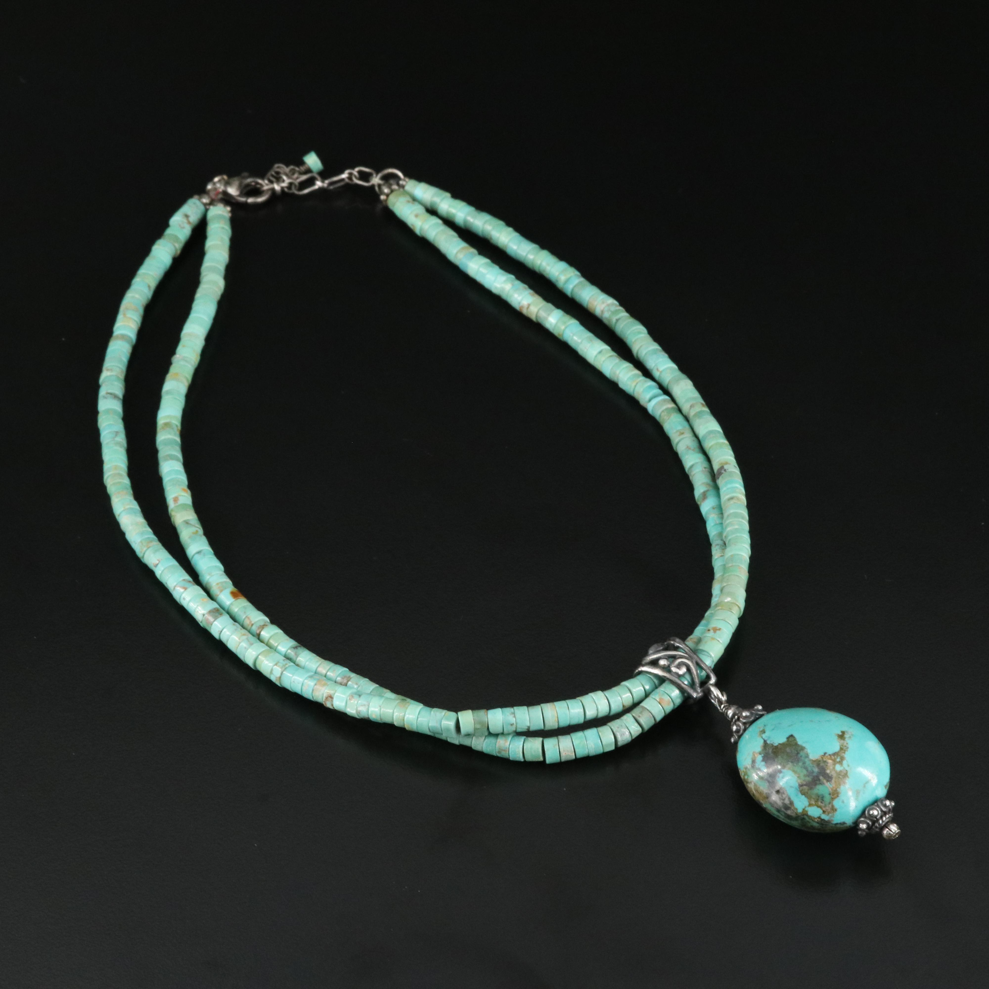 Sterling and Turquoise Double-Strand Heishi Necklace with Drop