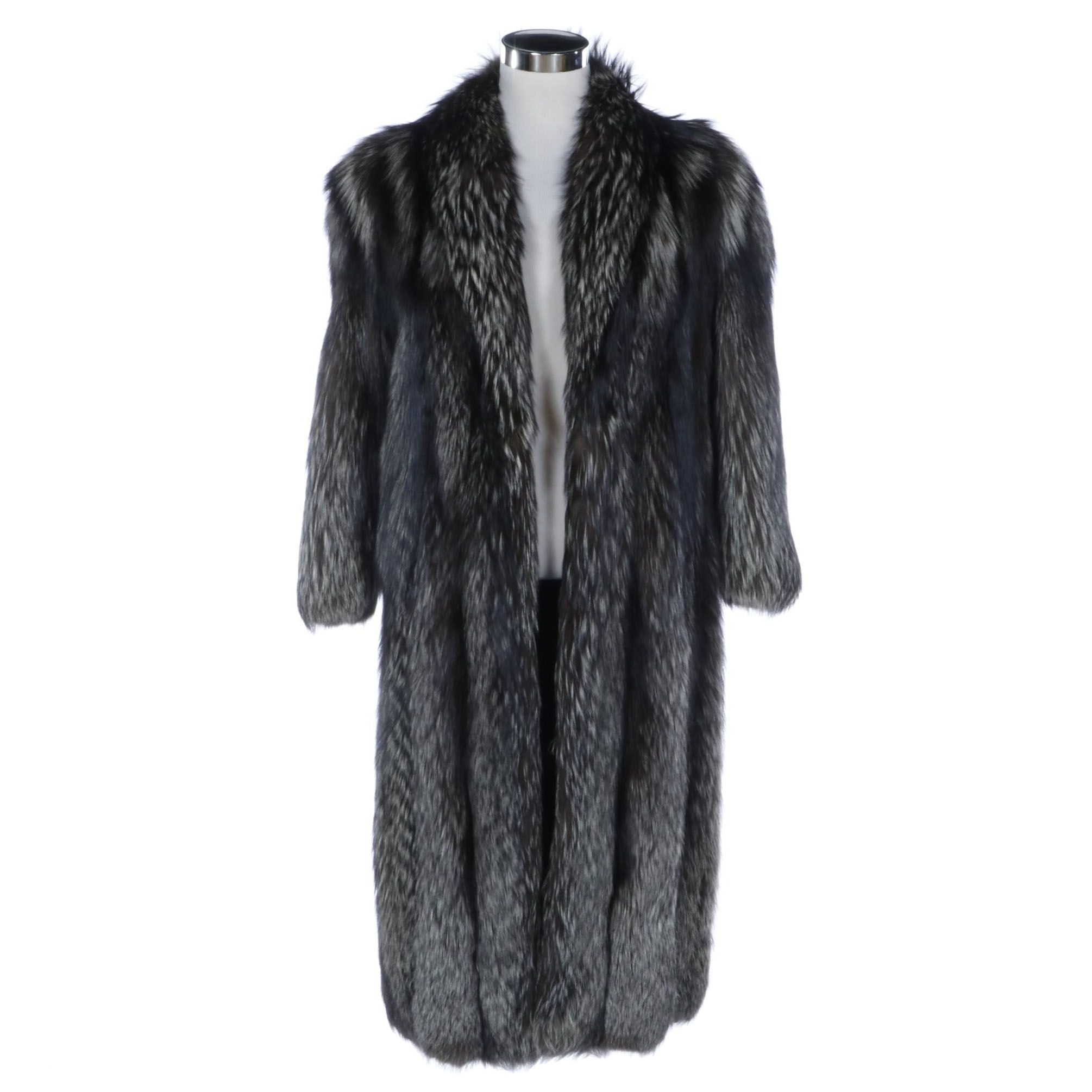 Natural Silver Fox Fur Full-Length Coat with Headband