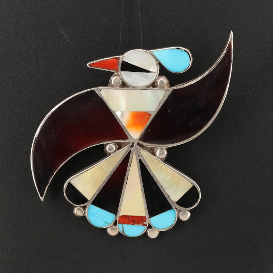 Southwestern Sterling Mother-of-Pearl, Turquoise and Gemstone Inlay Bird Pendant