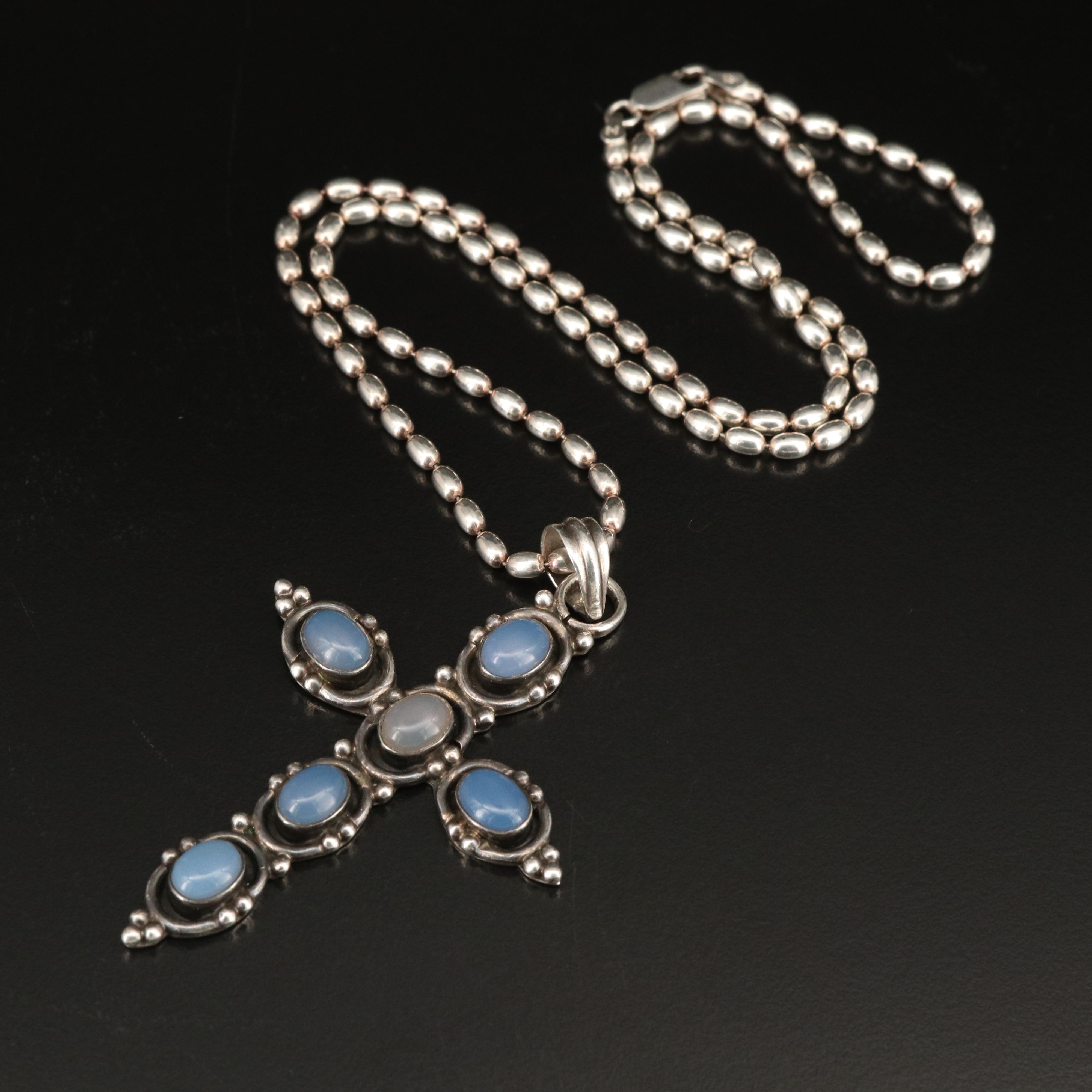 Sterling Chalcedony Cross Pendant Necklace