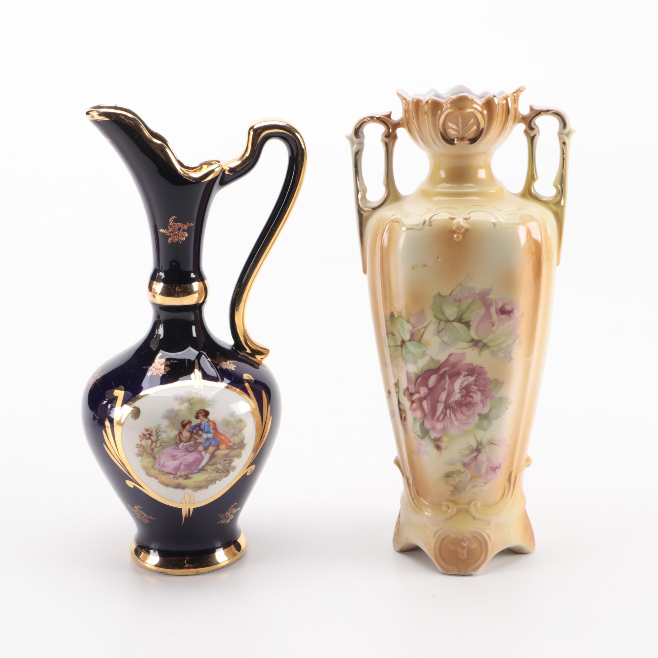Victorian Style Ceramic Transferware Lamp, Vase and Ewer