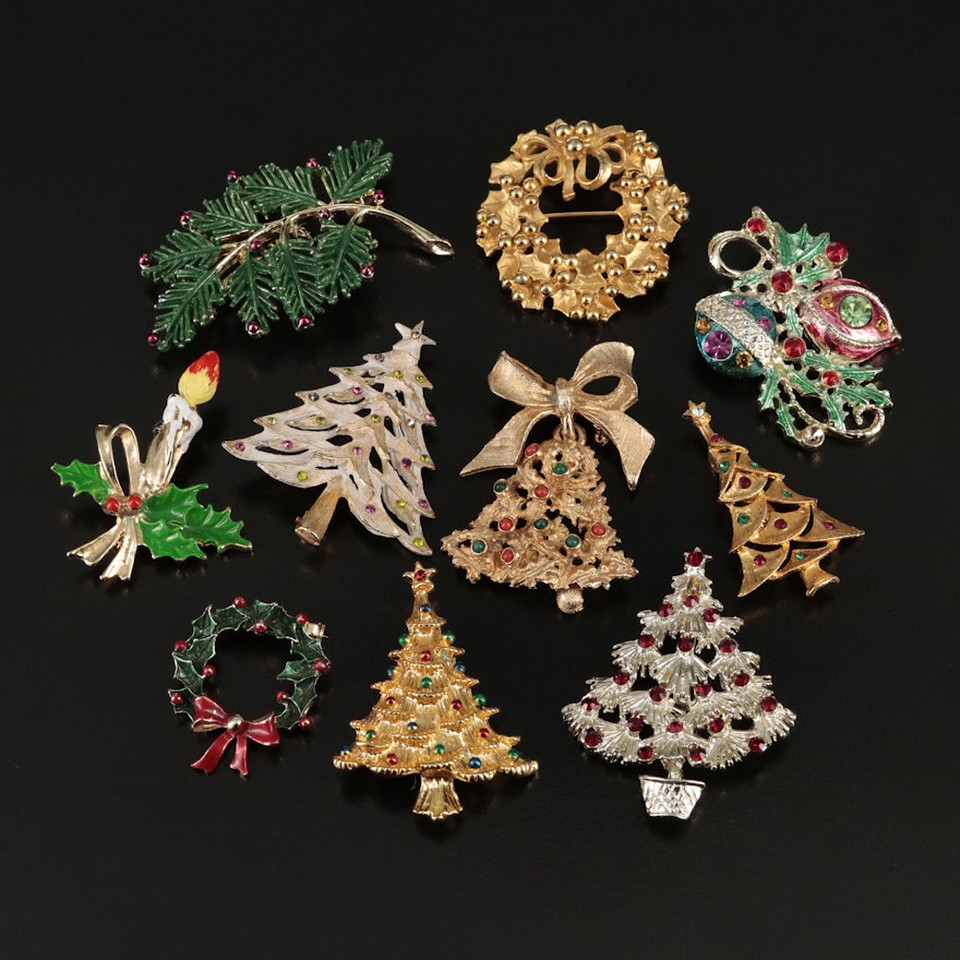 Vintage Christmas Themed Brooches Including Rhinestone, Enamel and Glass