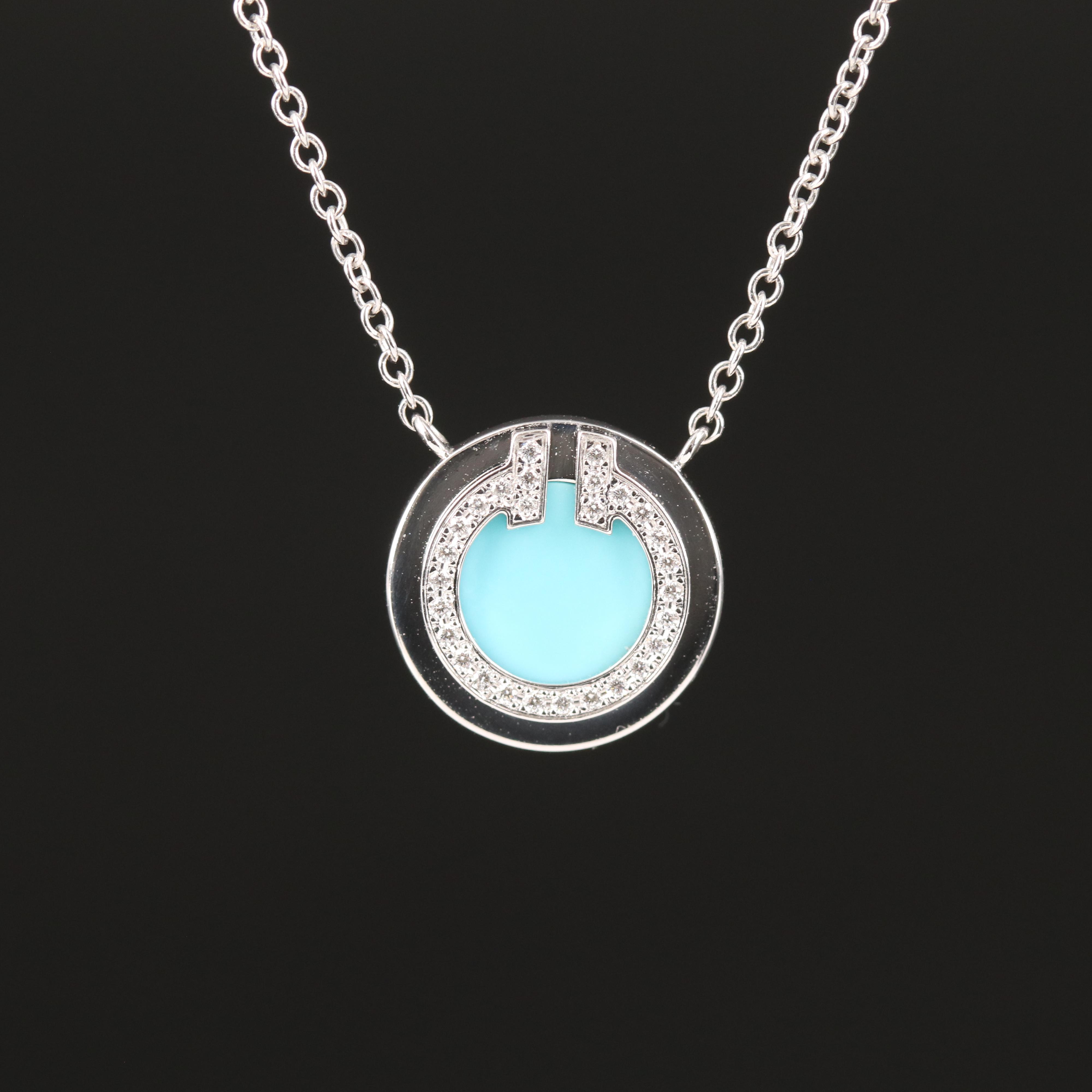 Tiffany & Co. 18K Diamond and Turquoise Circle Pendant Necklace with Packaging