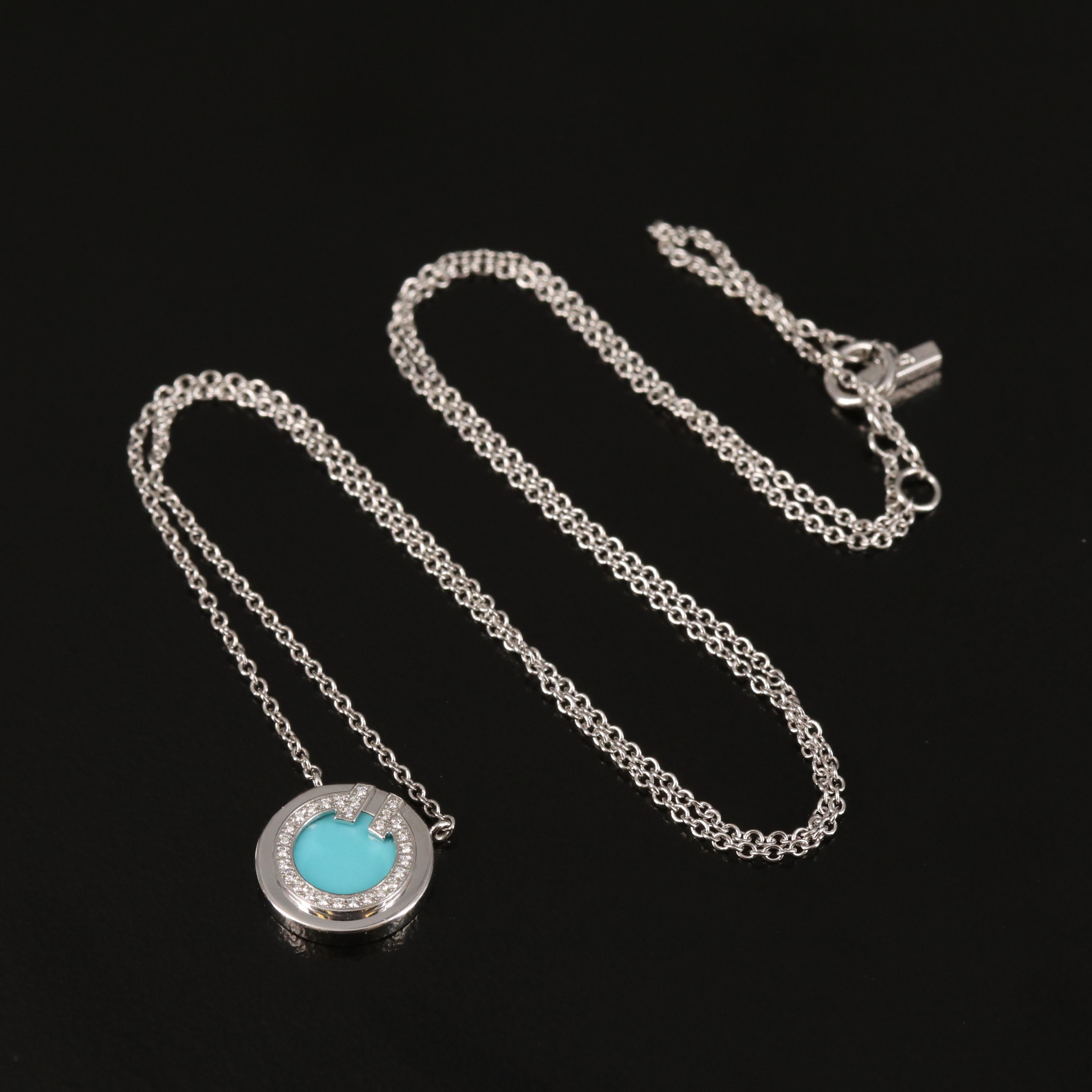 Tiffany & Co. 18K Diamond and Turquoise Circle Pendant Necklace with Packaging