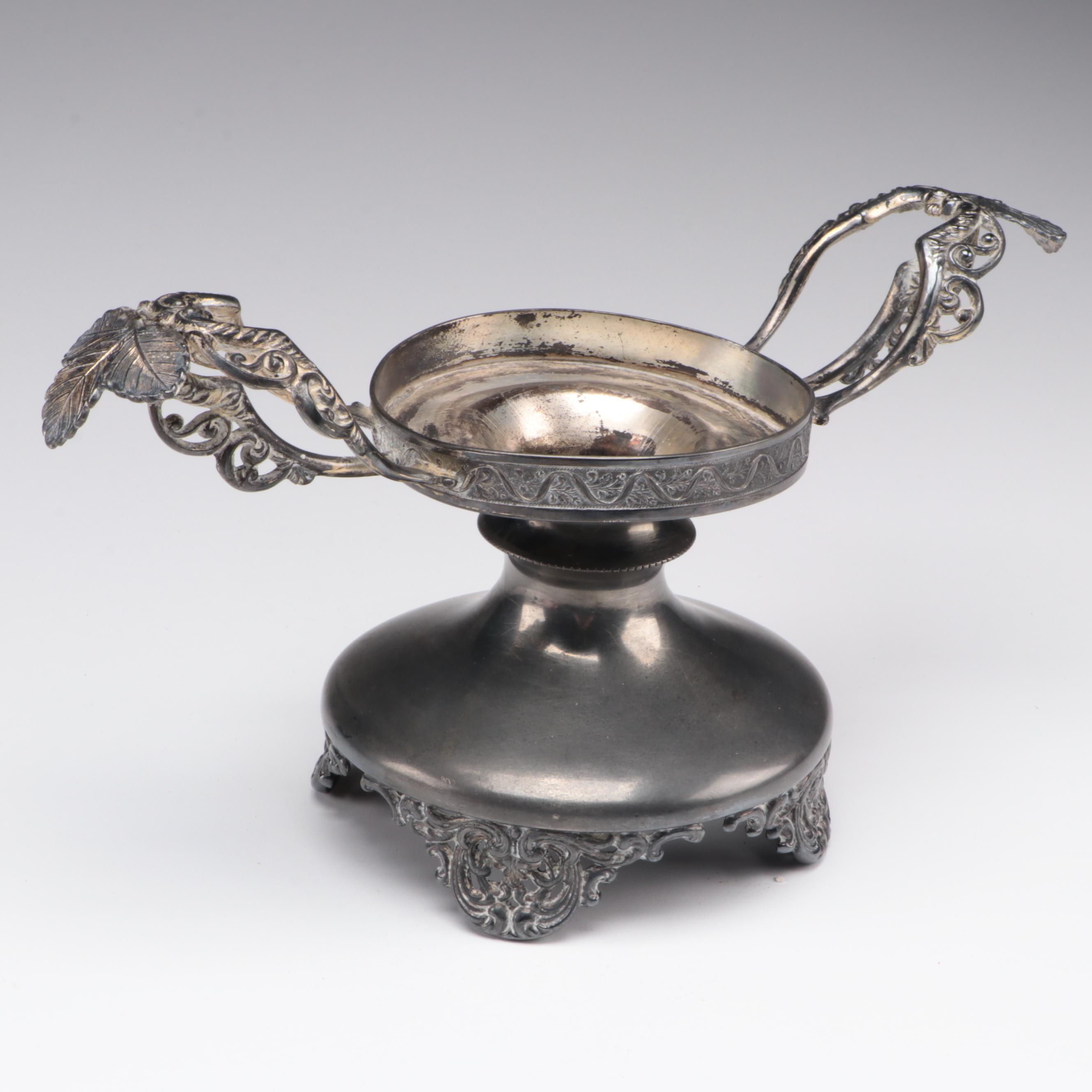 Pink Ruffled Glass Bride's Bowl on Pewter Stand